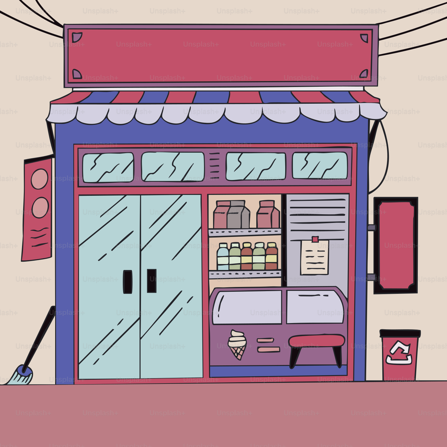 Un dibujo de una fachada de tienda con un toldo rojo