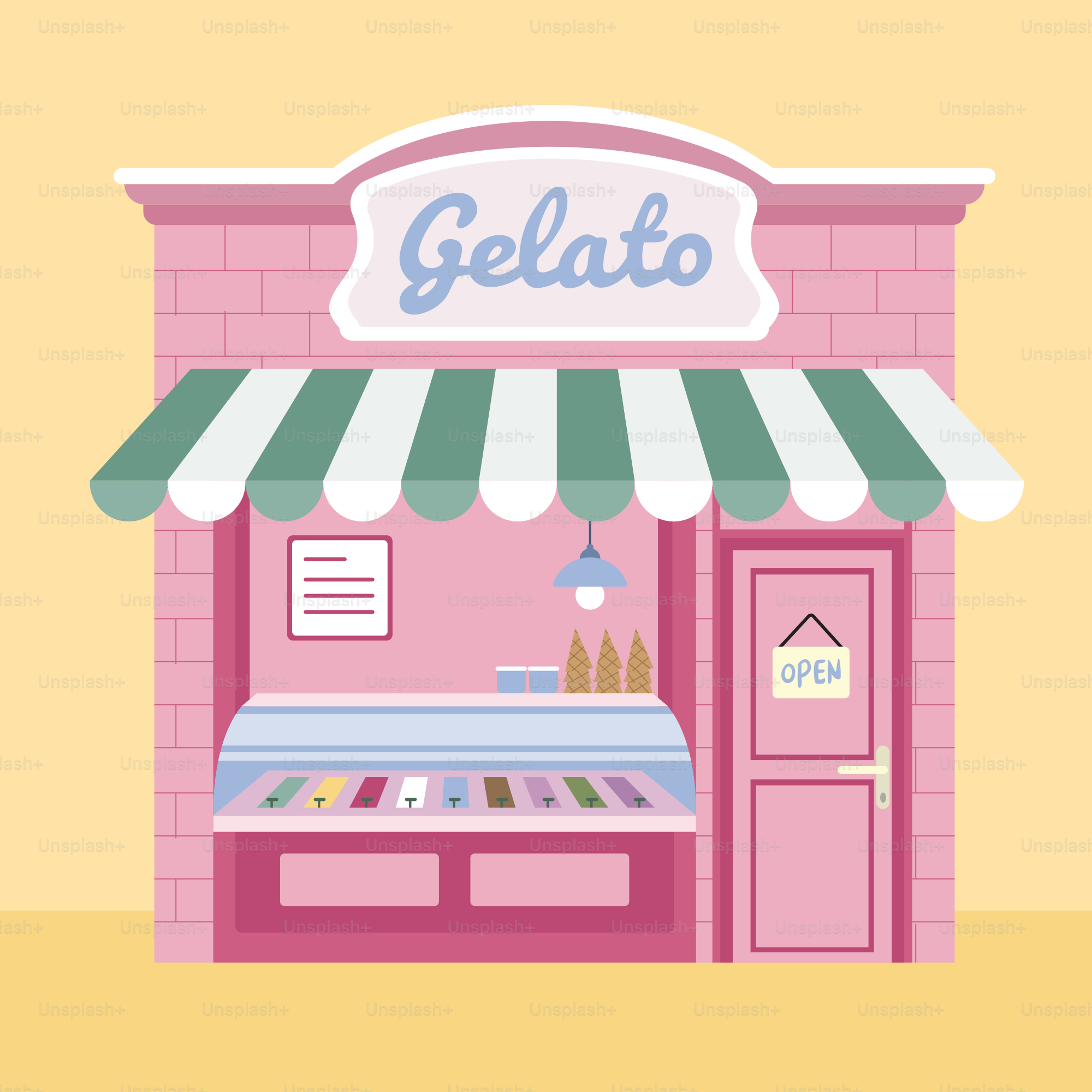 A pink store with a green and white awning