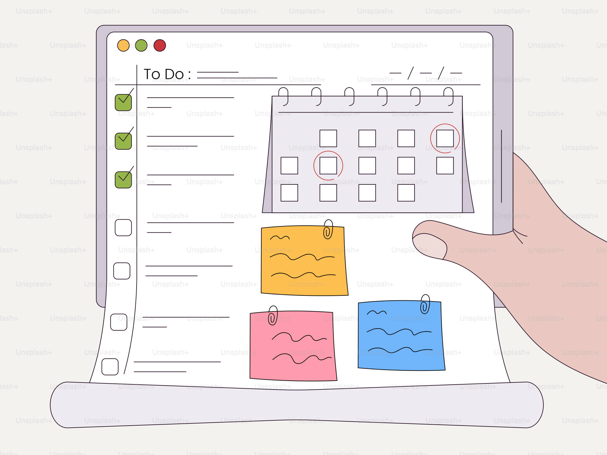 A hand holding a clipboard with sticky notes on it