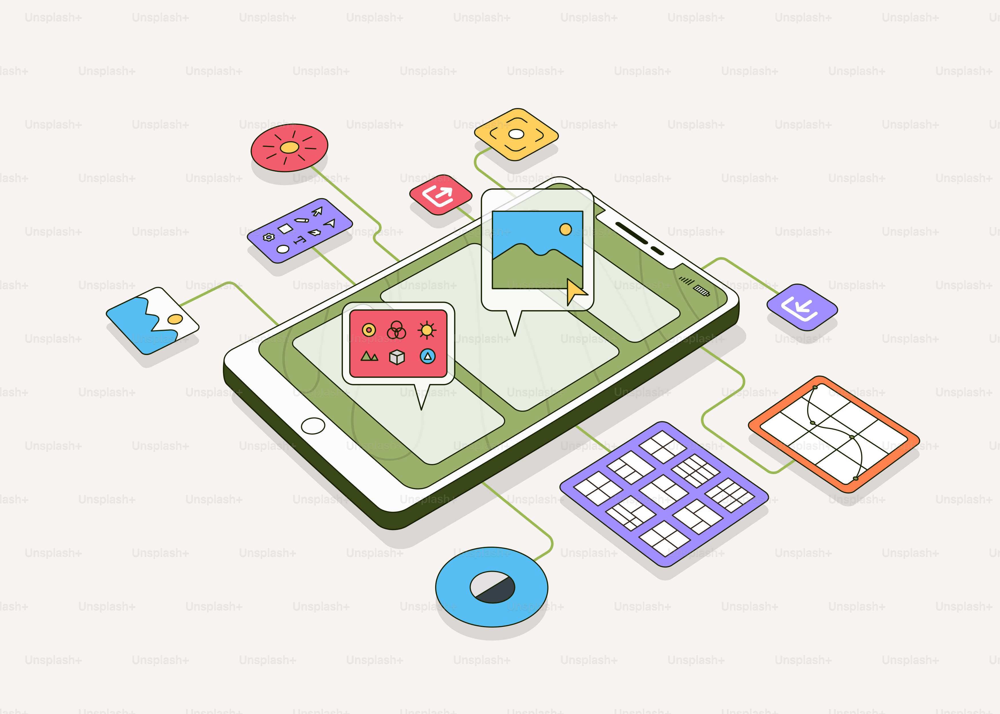 A tablet with a bunch of icons surrounding it