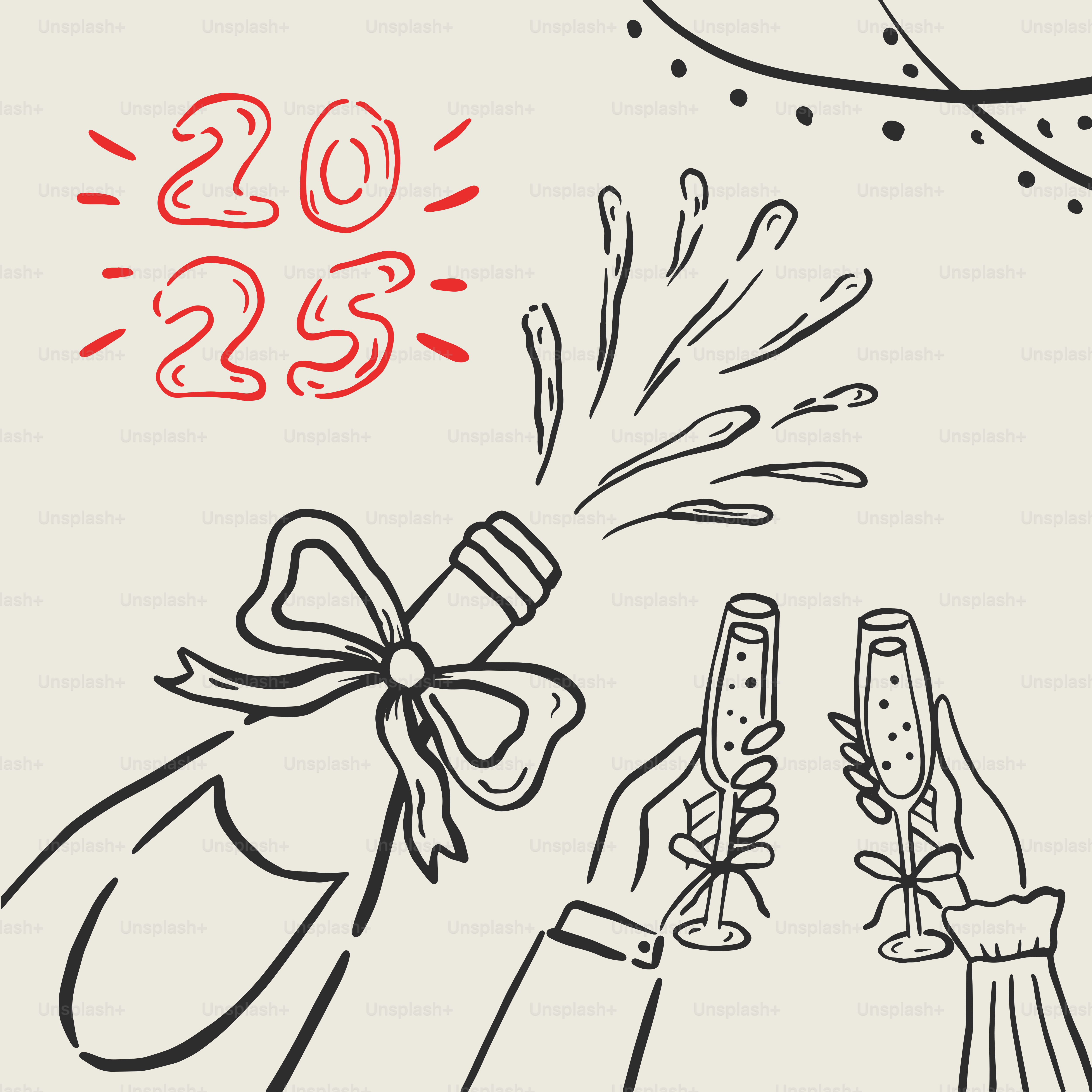 A drawing of two champagne flutes and a bottle of champagne