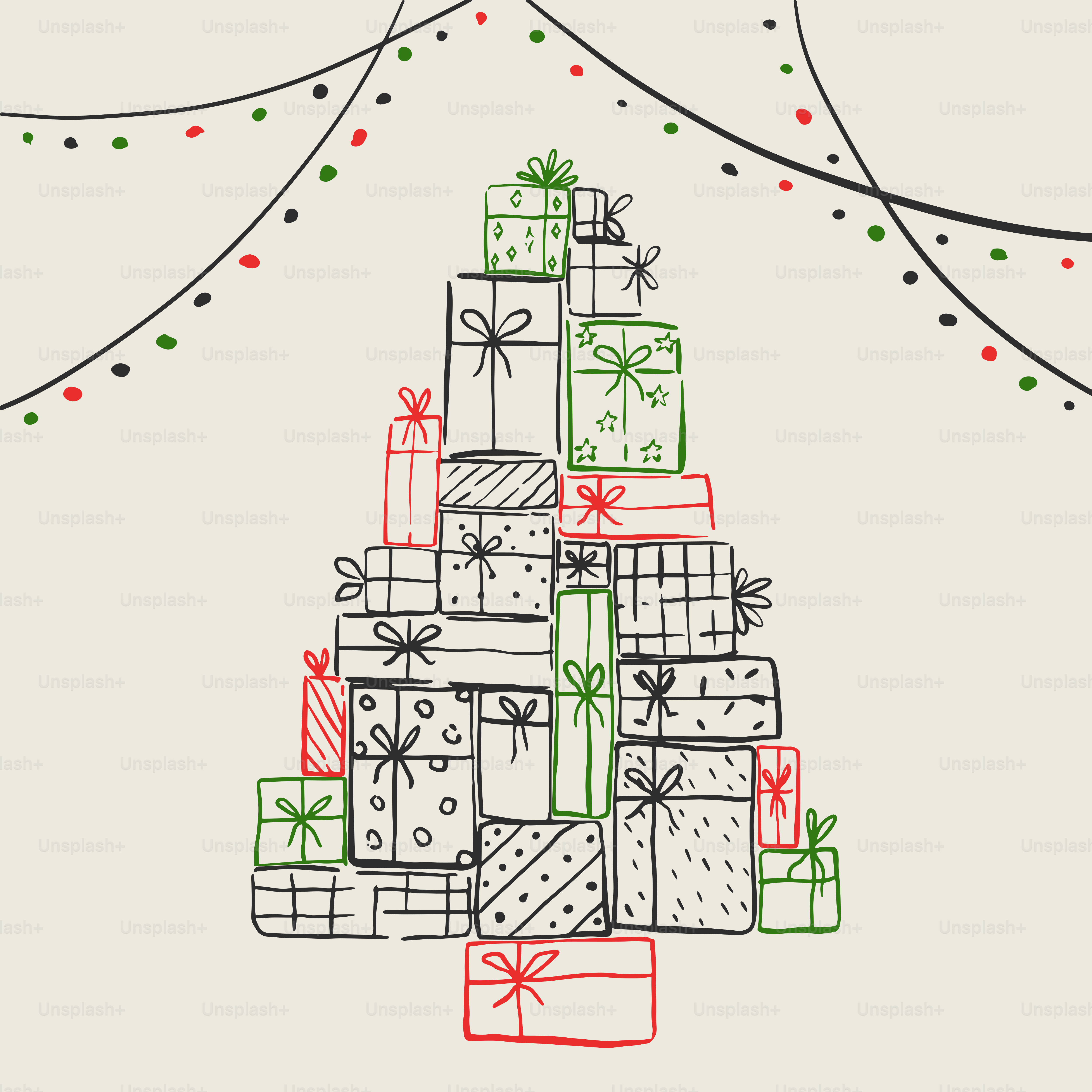 Un disegno di un albero di Natale con regali sopra