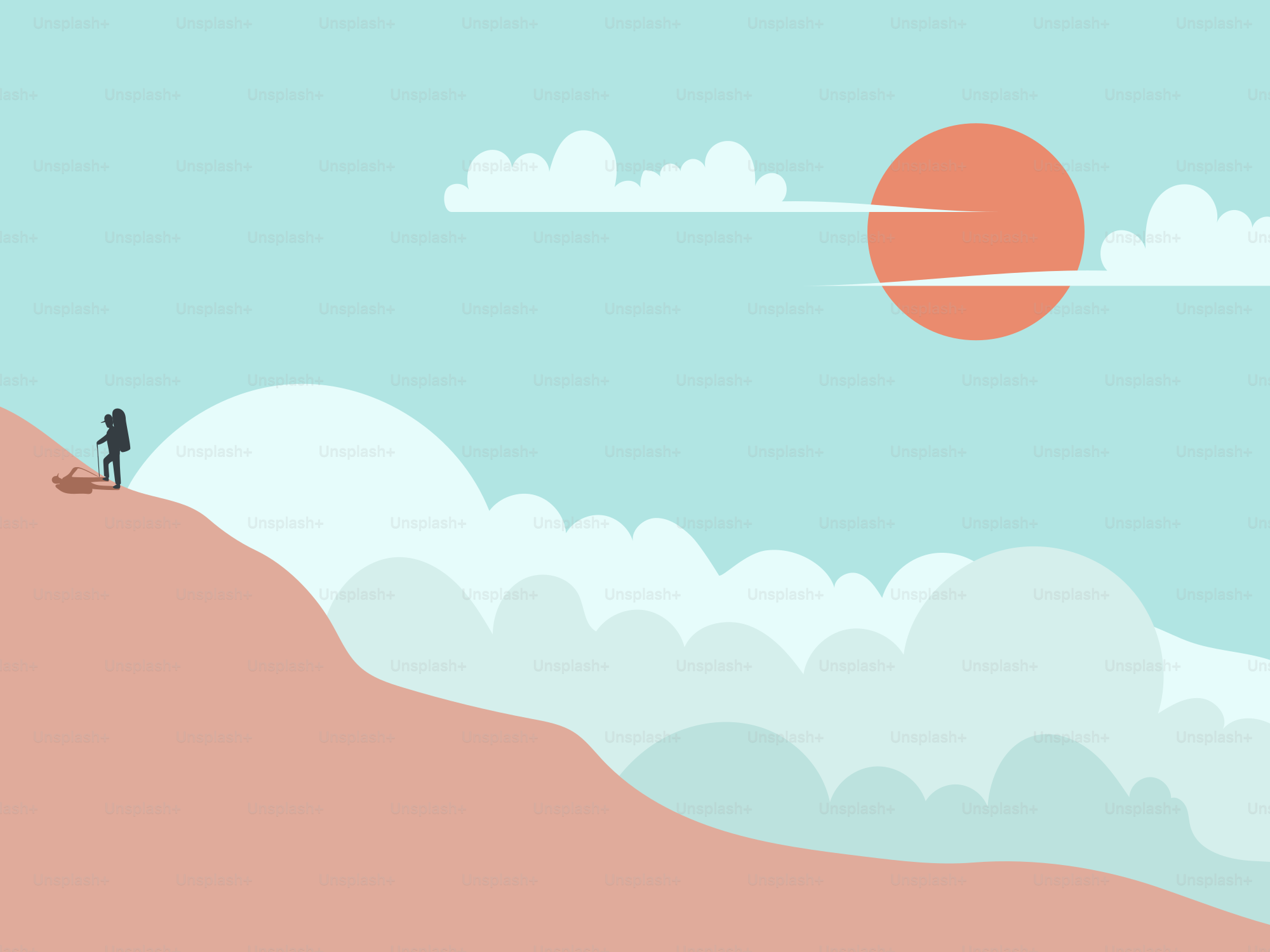 A person standing on top of a hill under a red sun