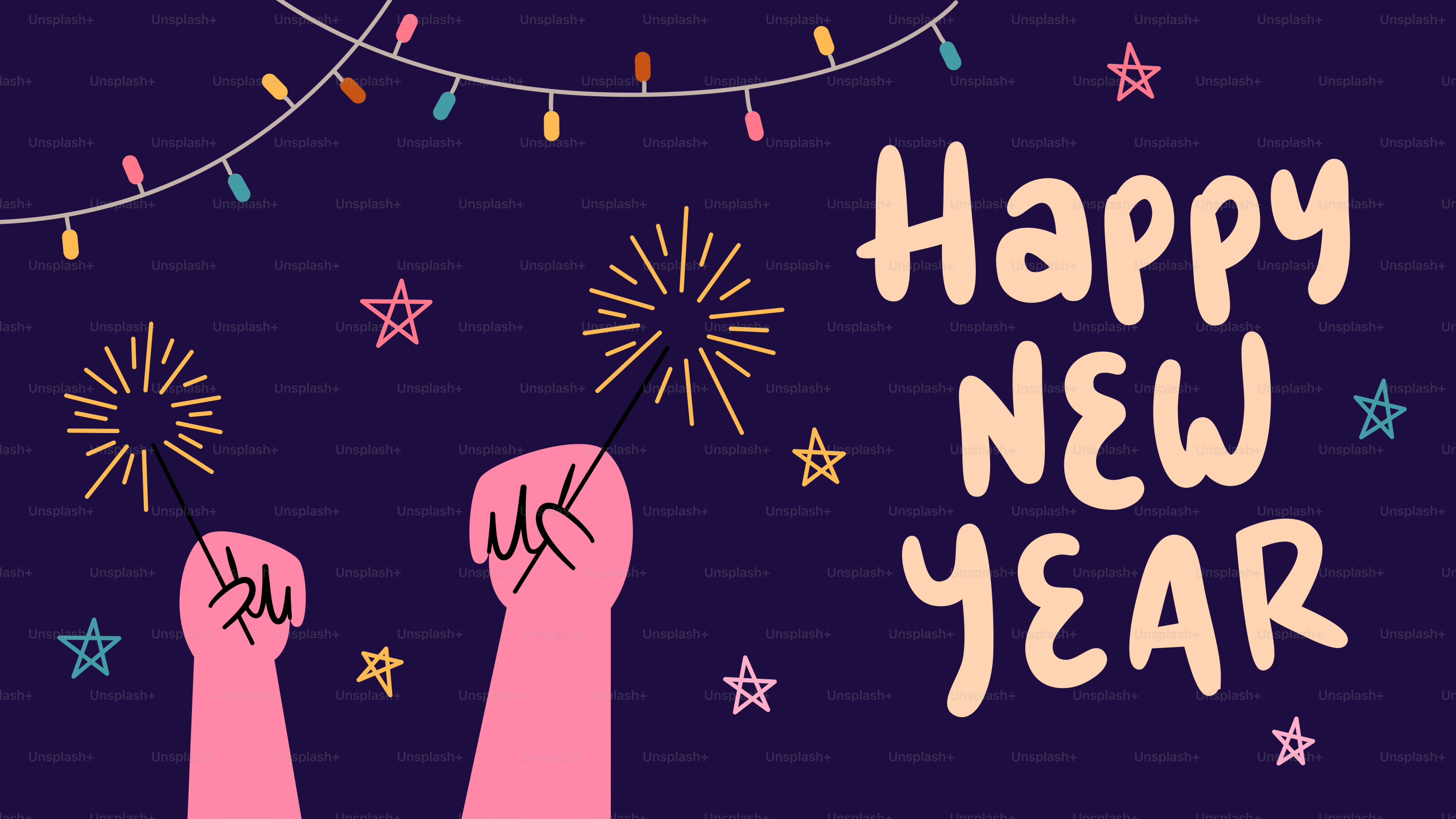 A happy new year card with a pair of feet and fireworks