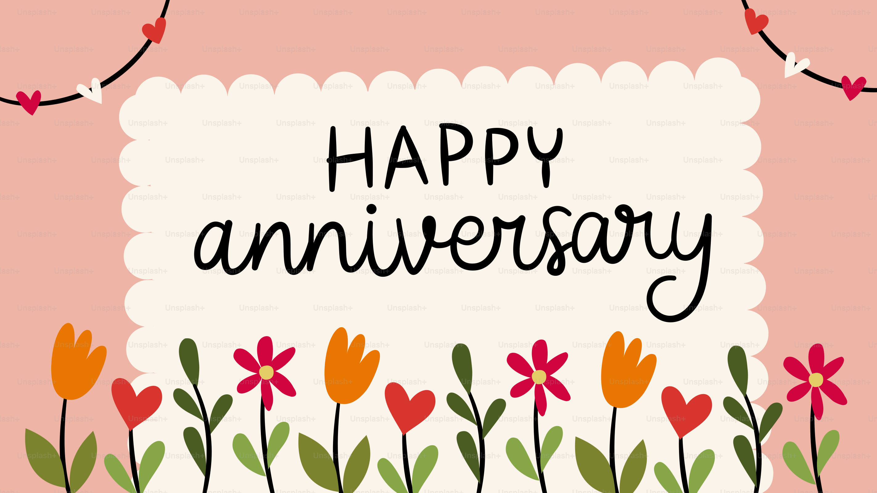 A happy anniversary card with flowers and hearts