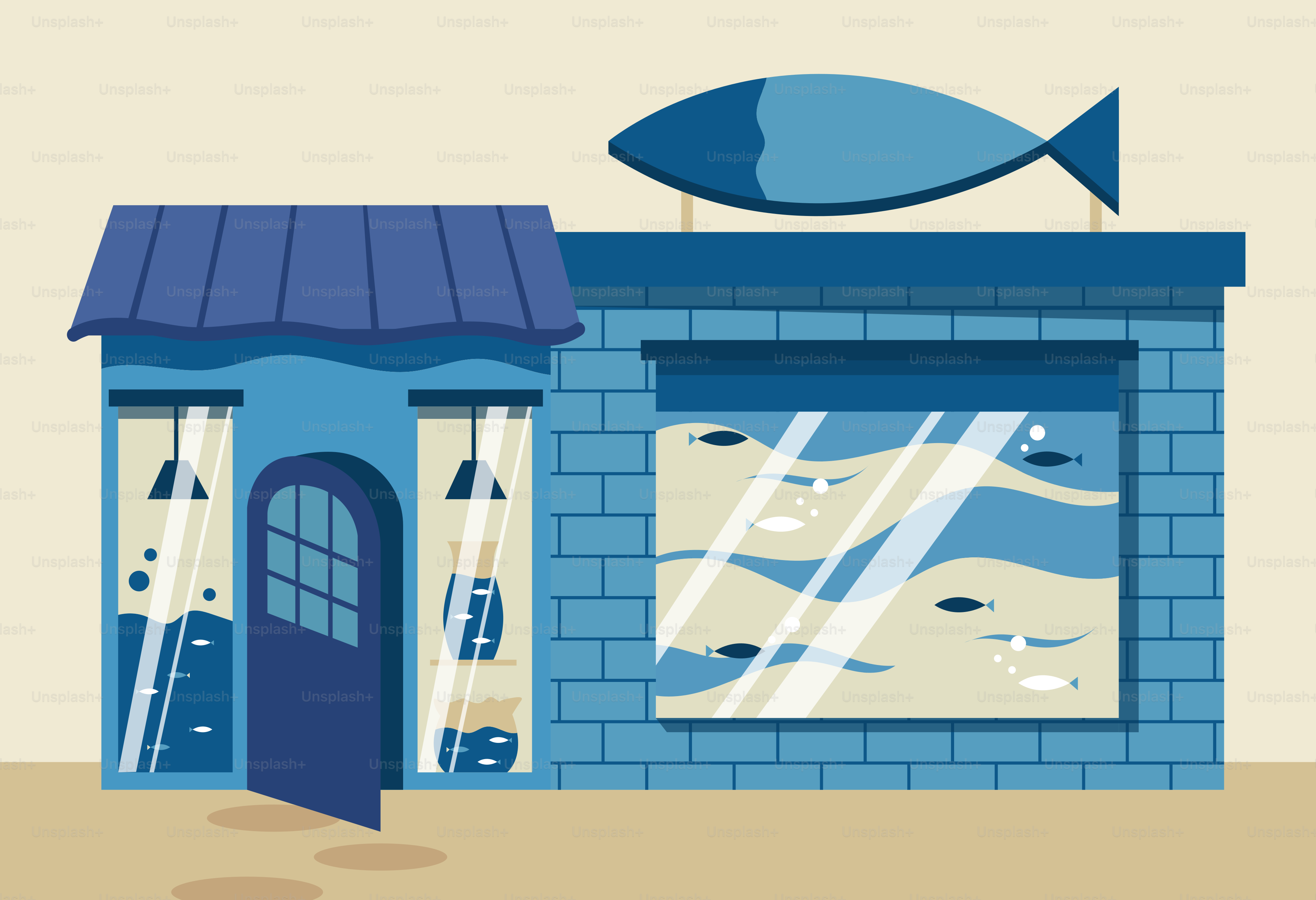 Un edificio azul con un pez encima