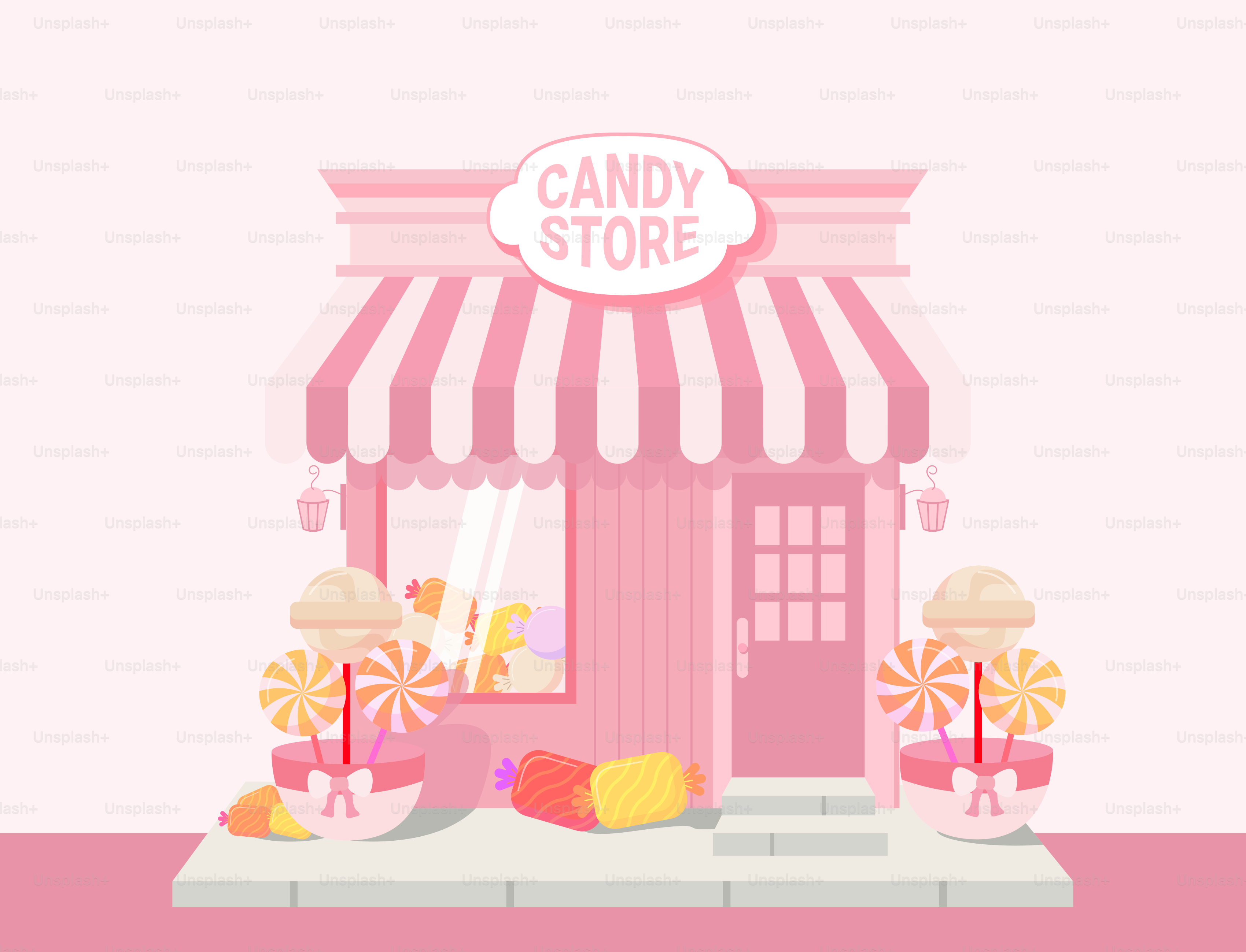 A candy store with a pink and white striped awning