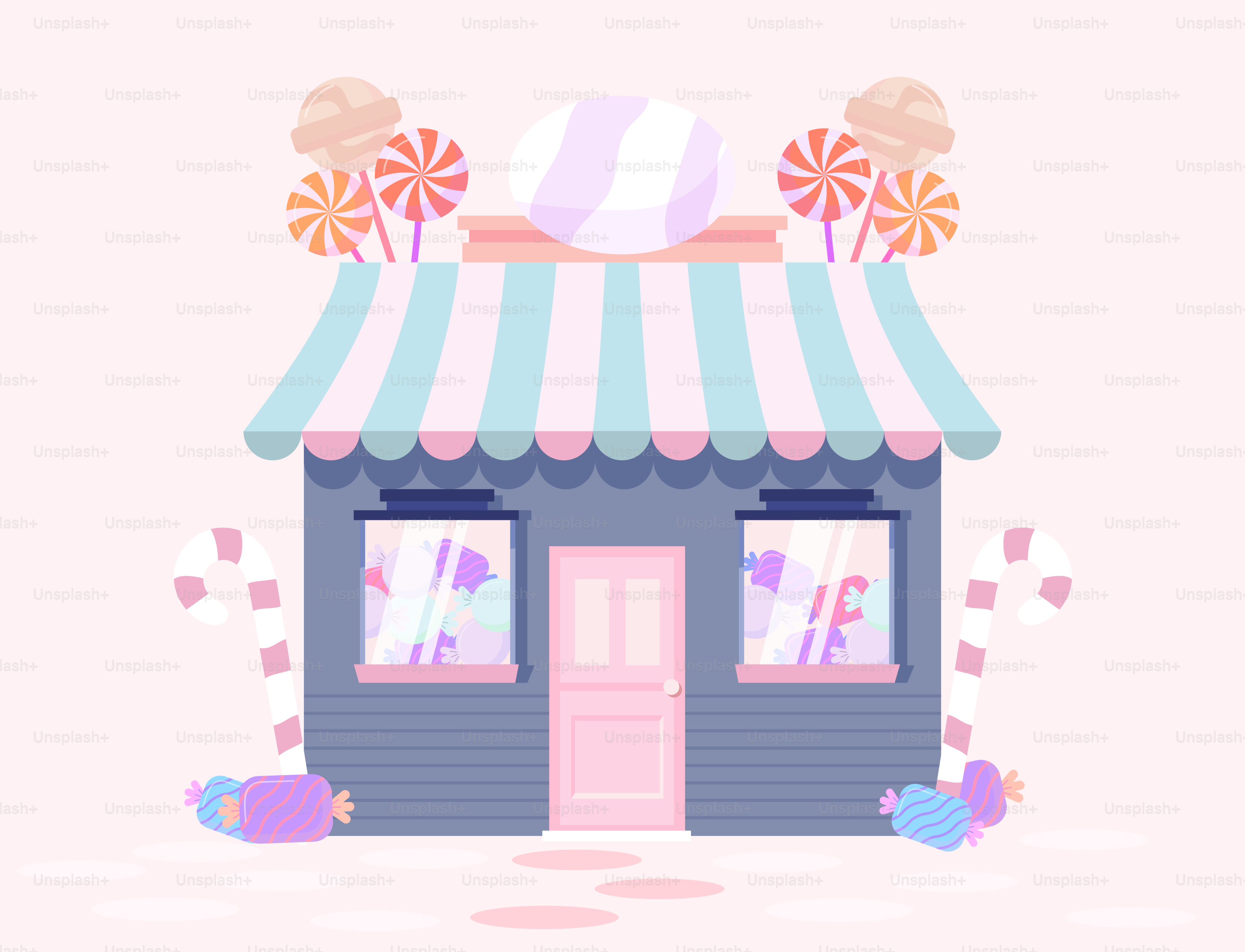 A small blue building with a striped awning