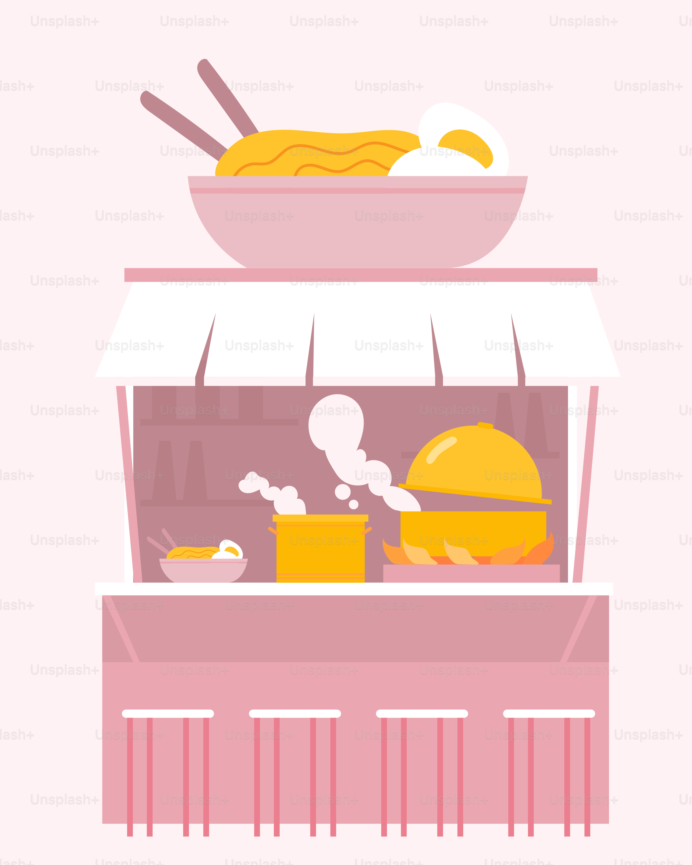 A pink poster with a bowl of food on top of a stove