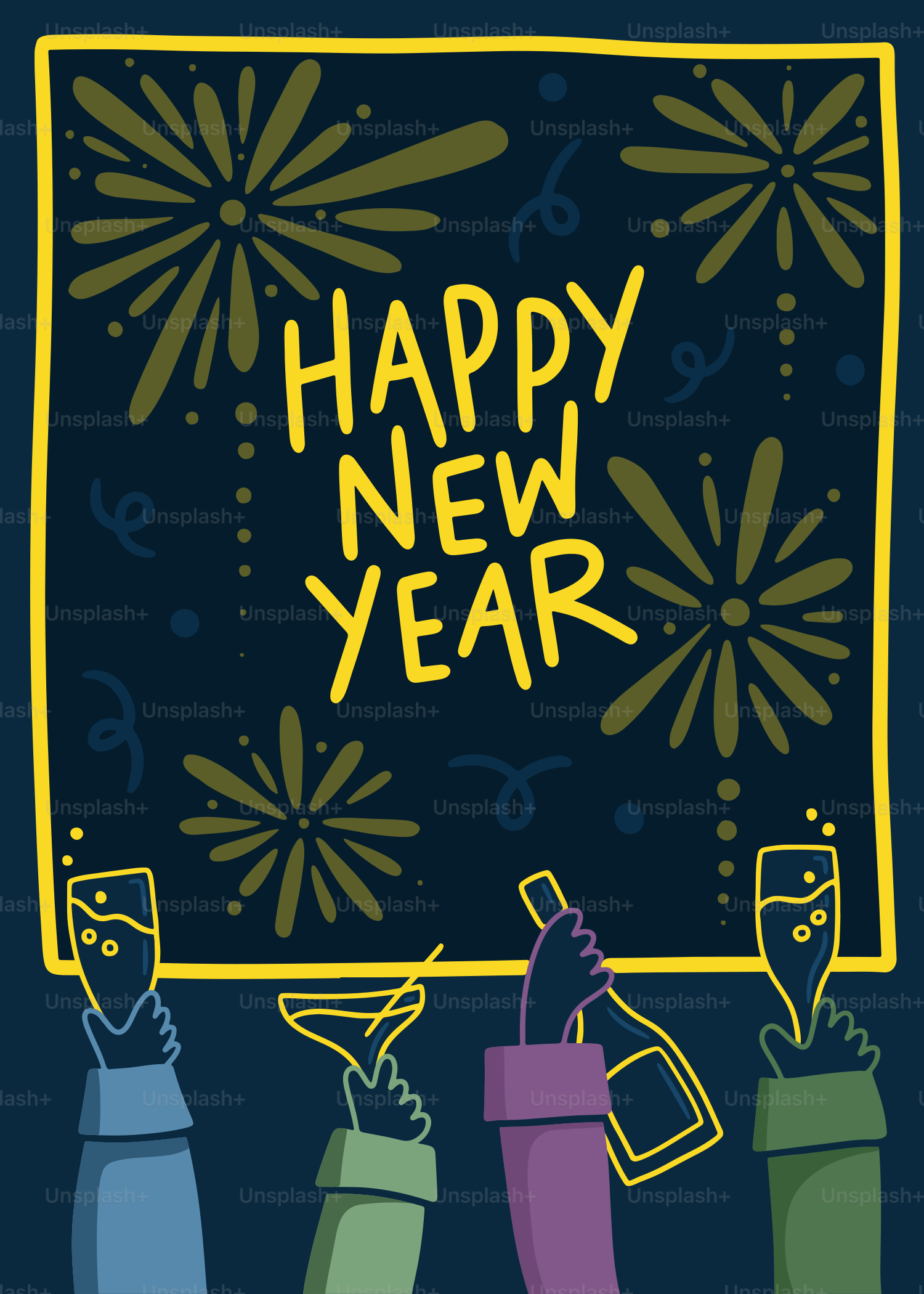 A happy new year card with three bottles