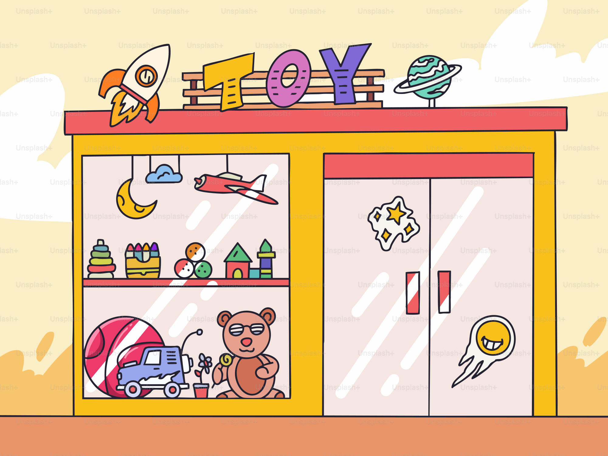 A toy store with a teddy bear and other toys