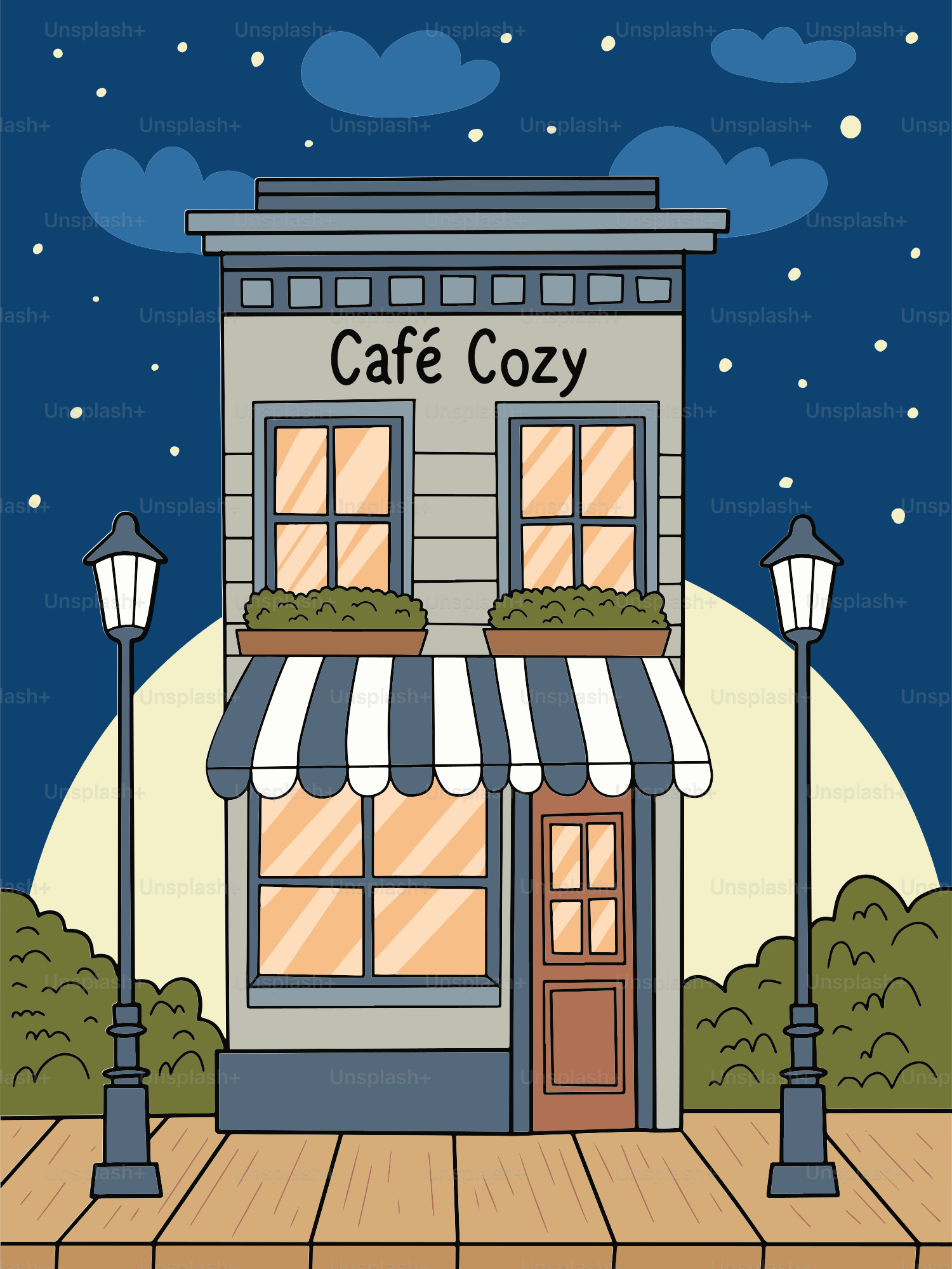 A picture of a cafe with a full moon in the background
