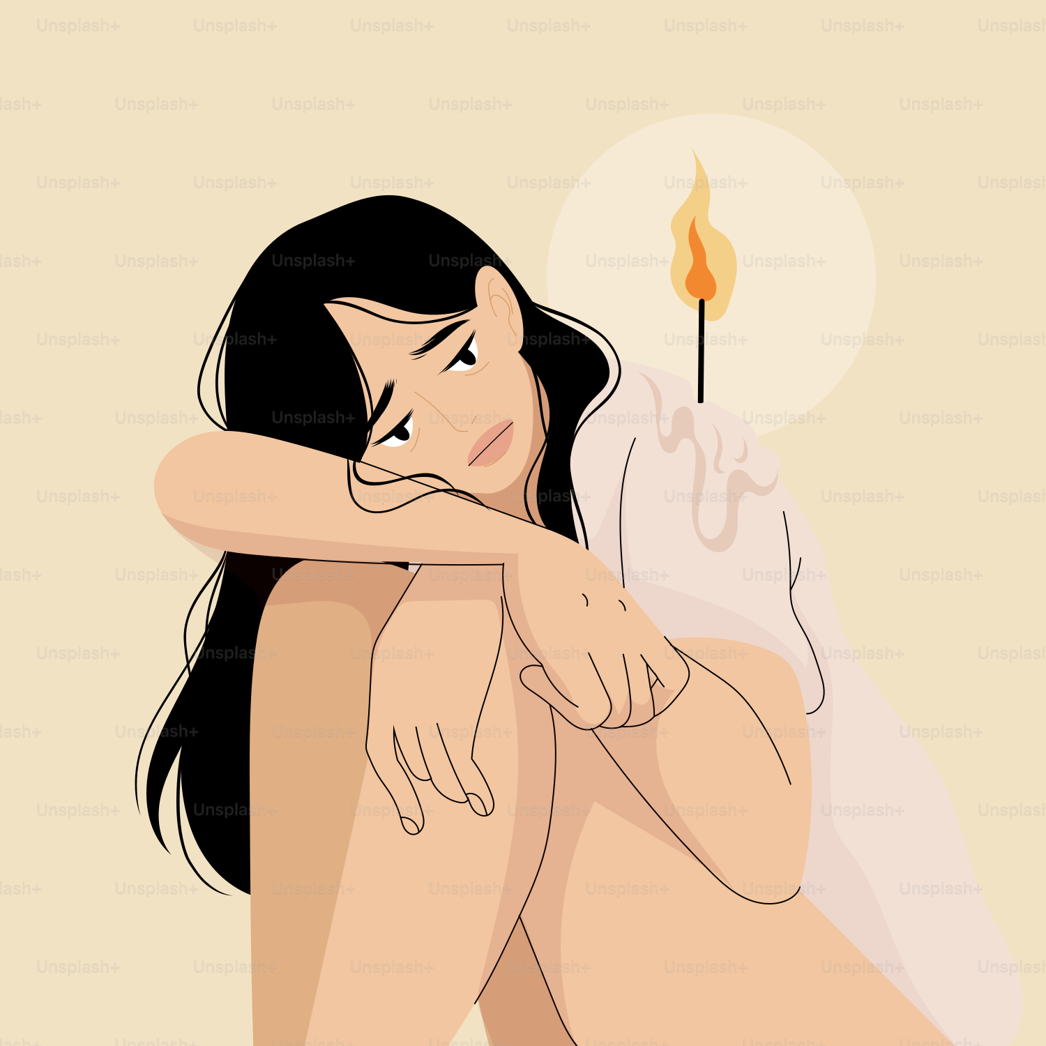 A naked woman sitting in front of a lit candle
