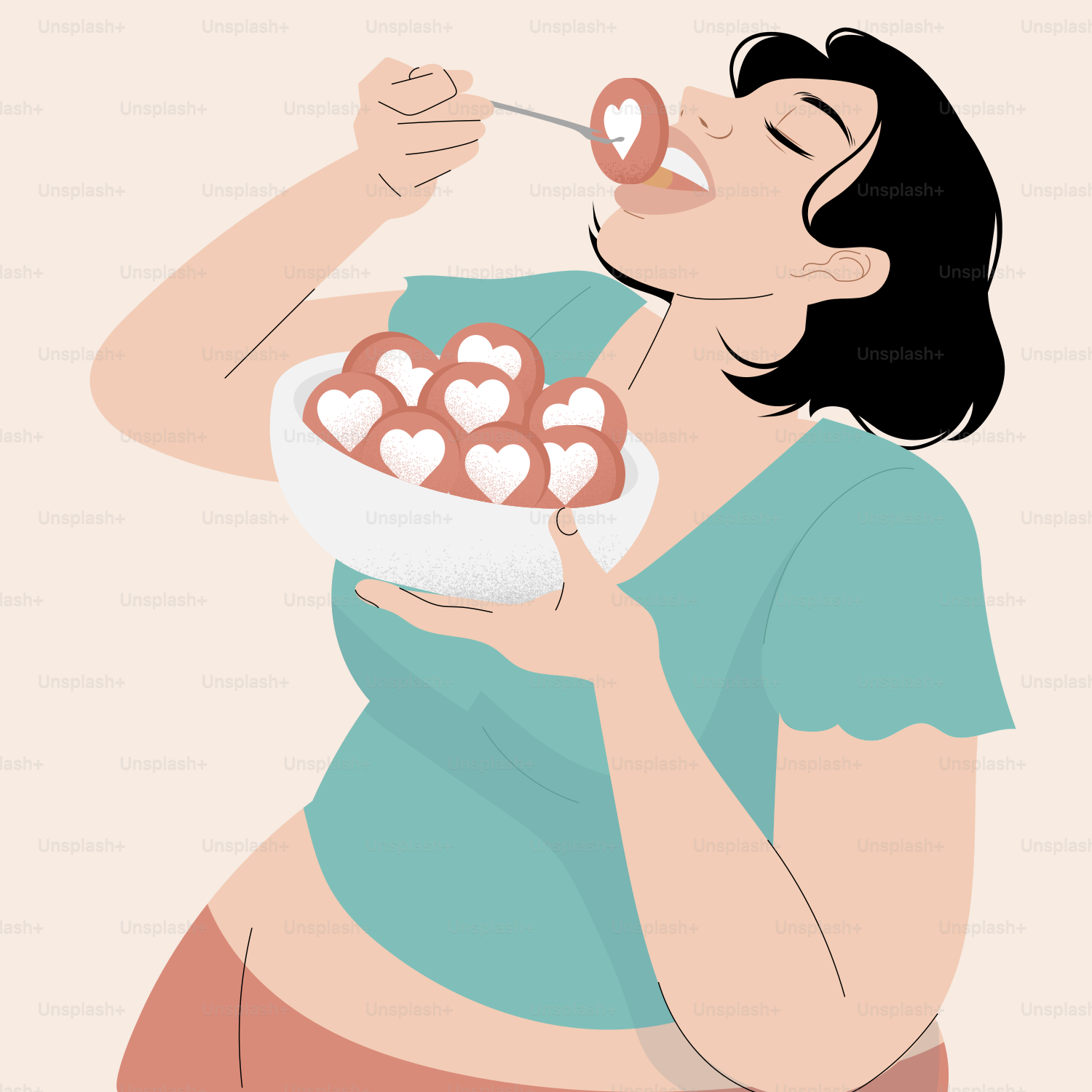 A pregnant woman eating a bowl of food
