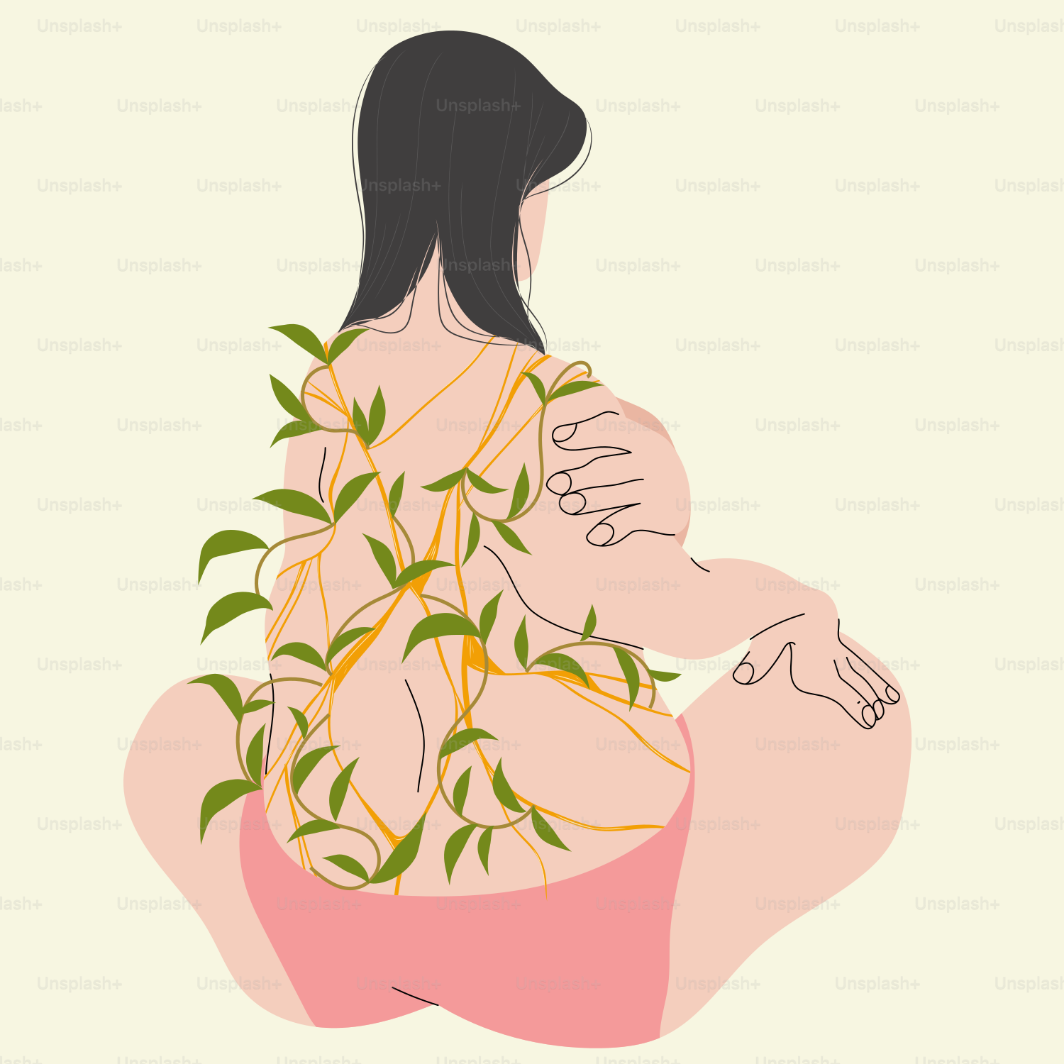 Eine Frau, die mit einer Pflanze auf dem Schoß sitzt