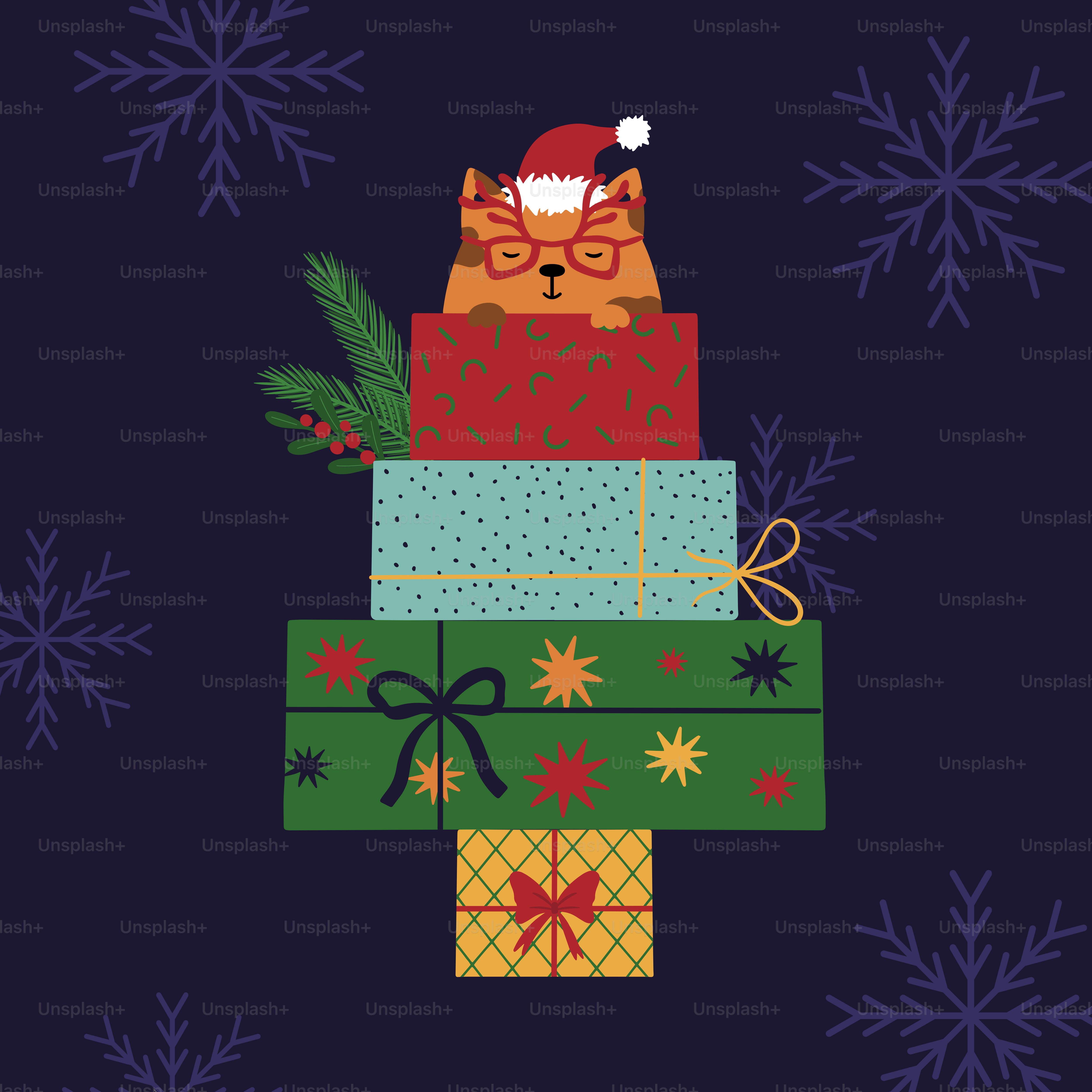 A stack of presents with a santa hat on top