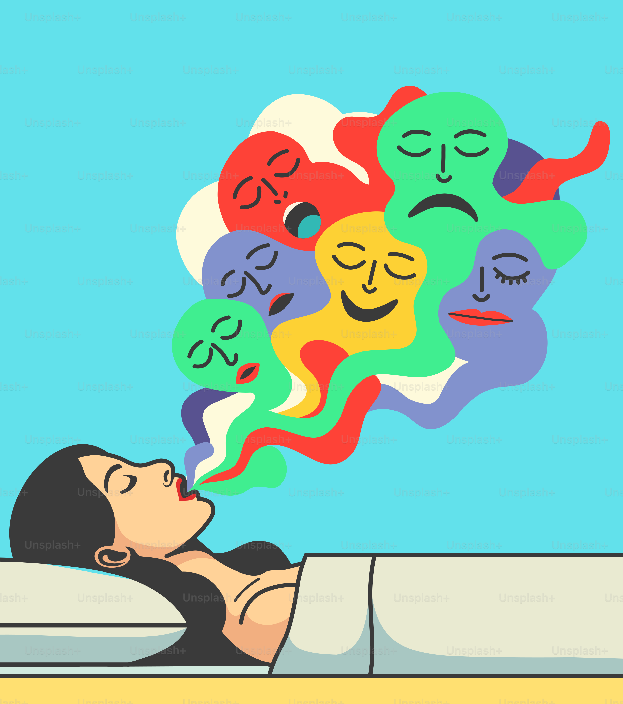 Una donna sdraiata su un letto con un sacco di facce che escono dalla sua testa