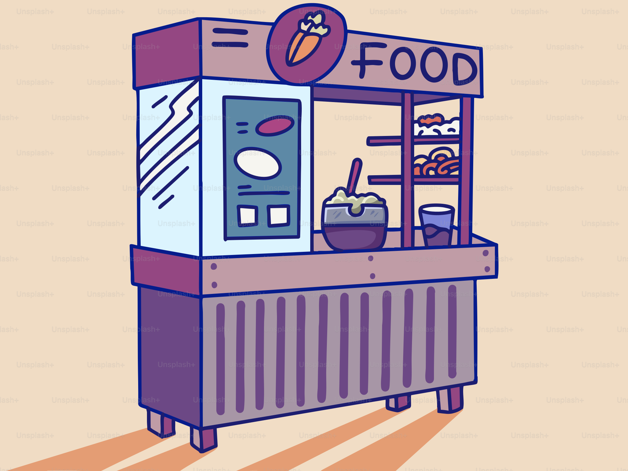 A drawing of a food cart with food in it