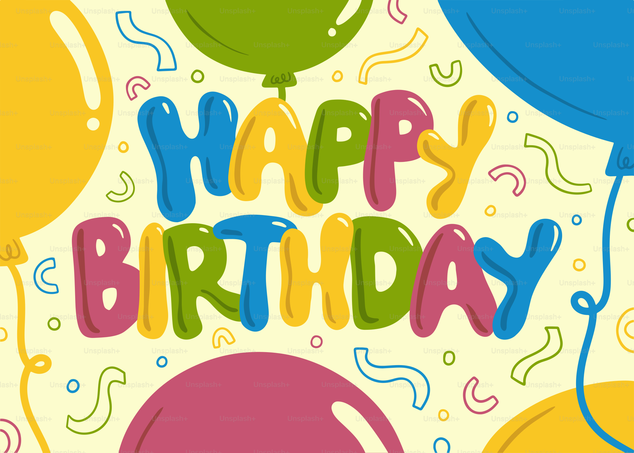 Una tarjeta de cumpleaños con globos y confeti