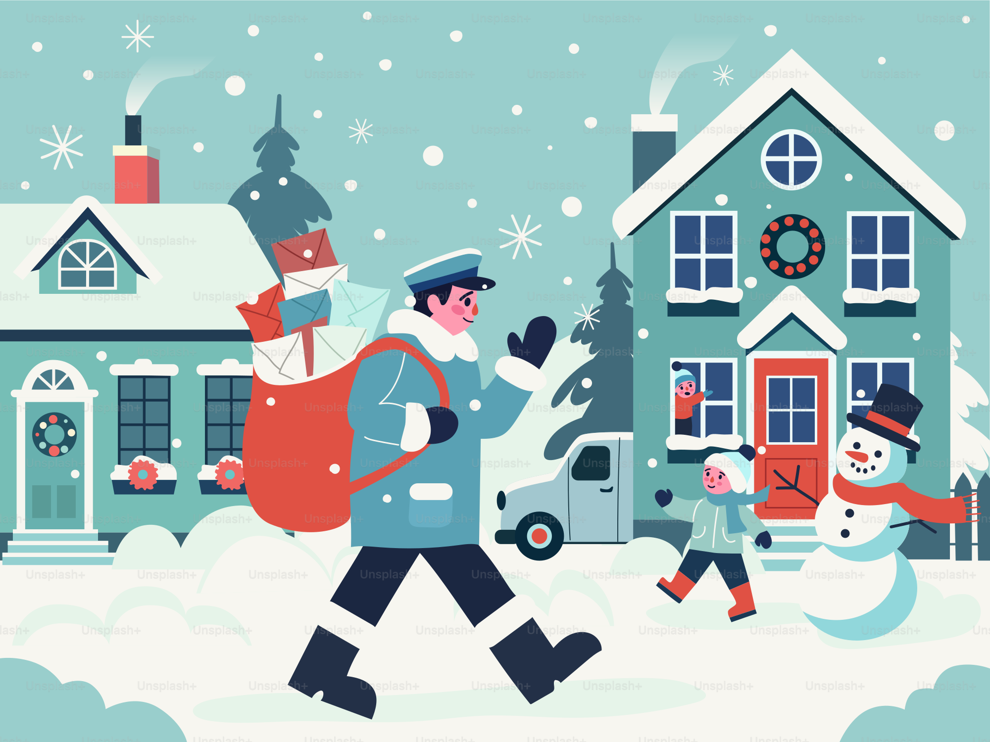 A man with a backpack and a snowman in front of a house