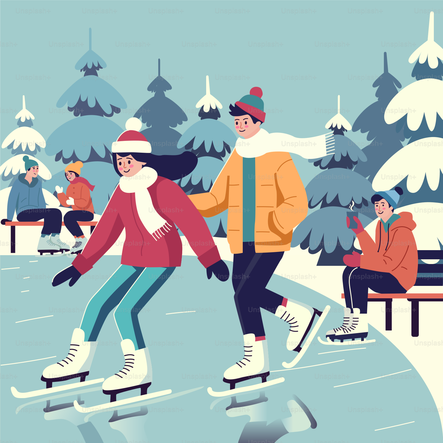 A couple of people riding skateboards down a snow covered slope
