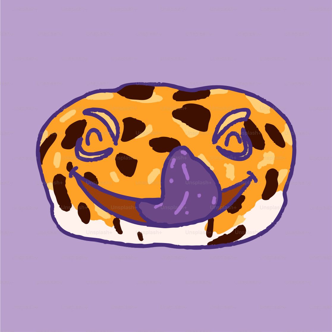 A drawing of a smiling leopard with a purple background
