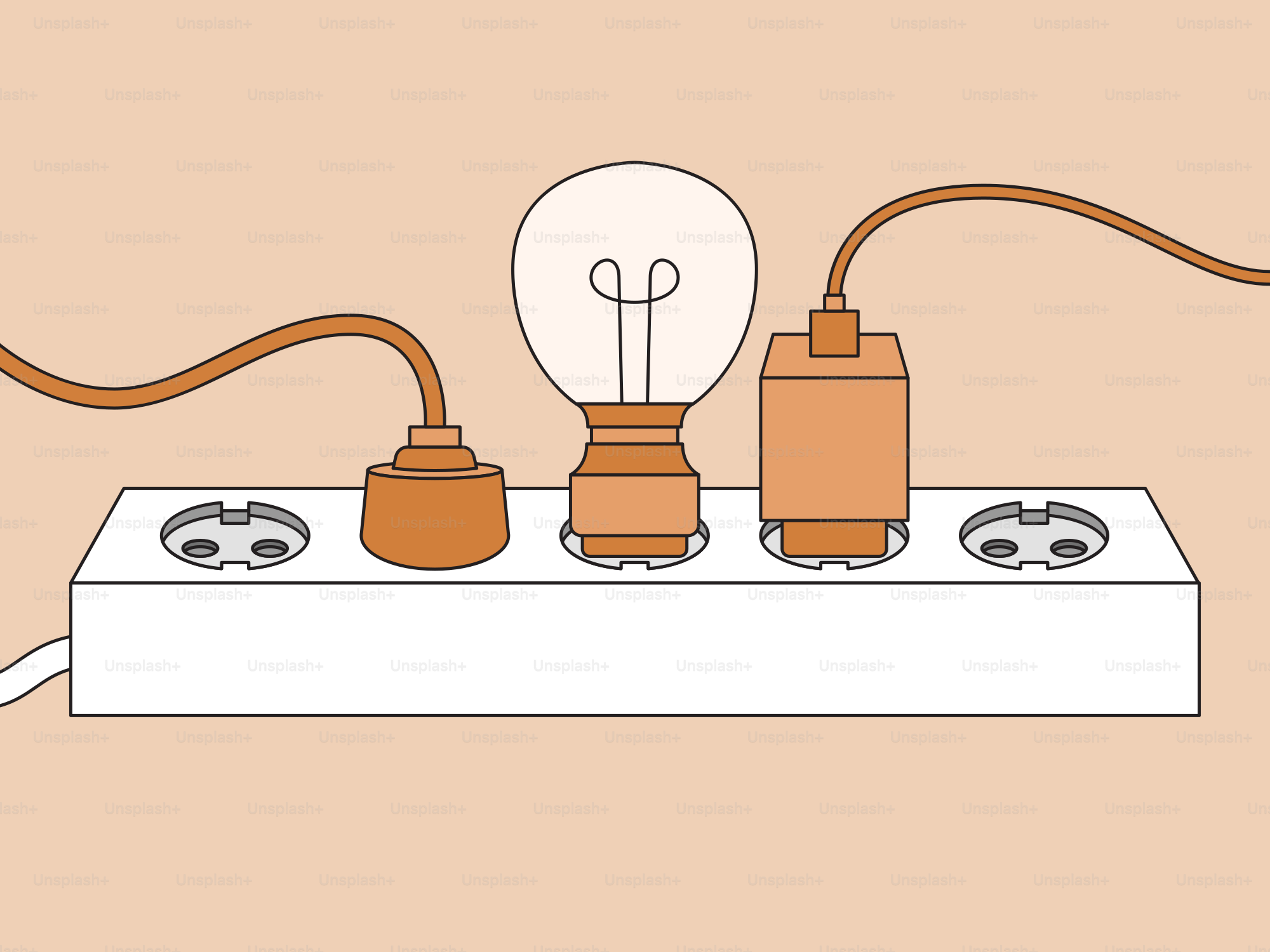 A drawing of a light bulb and two plugs