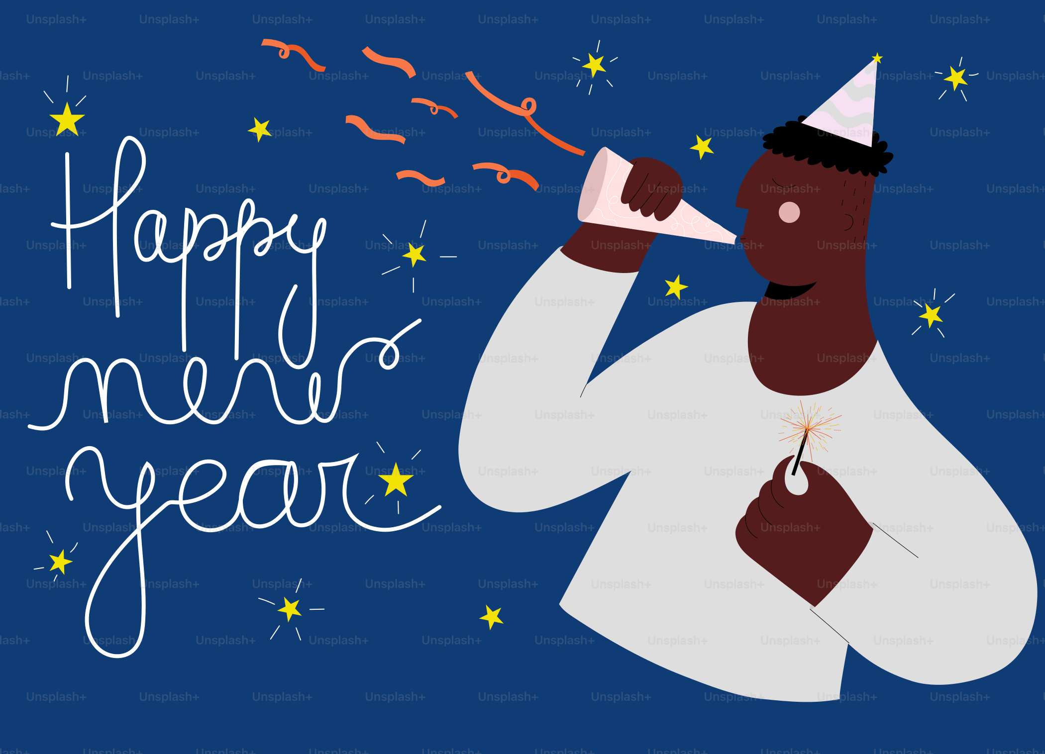 A man in a party hat blowing a horn