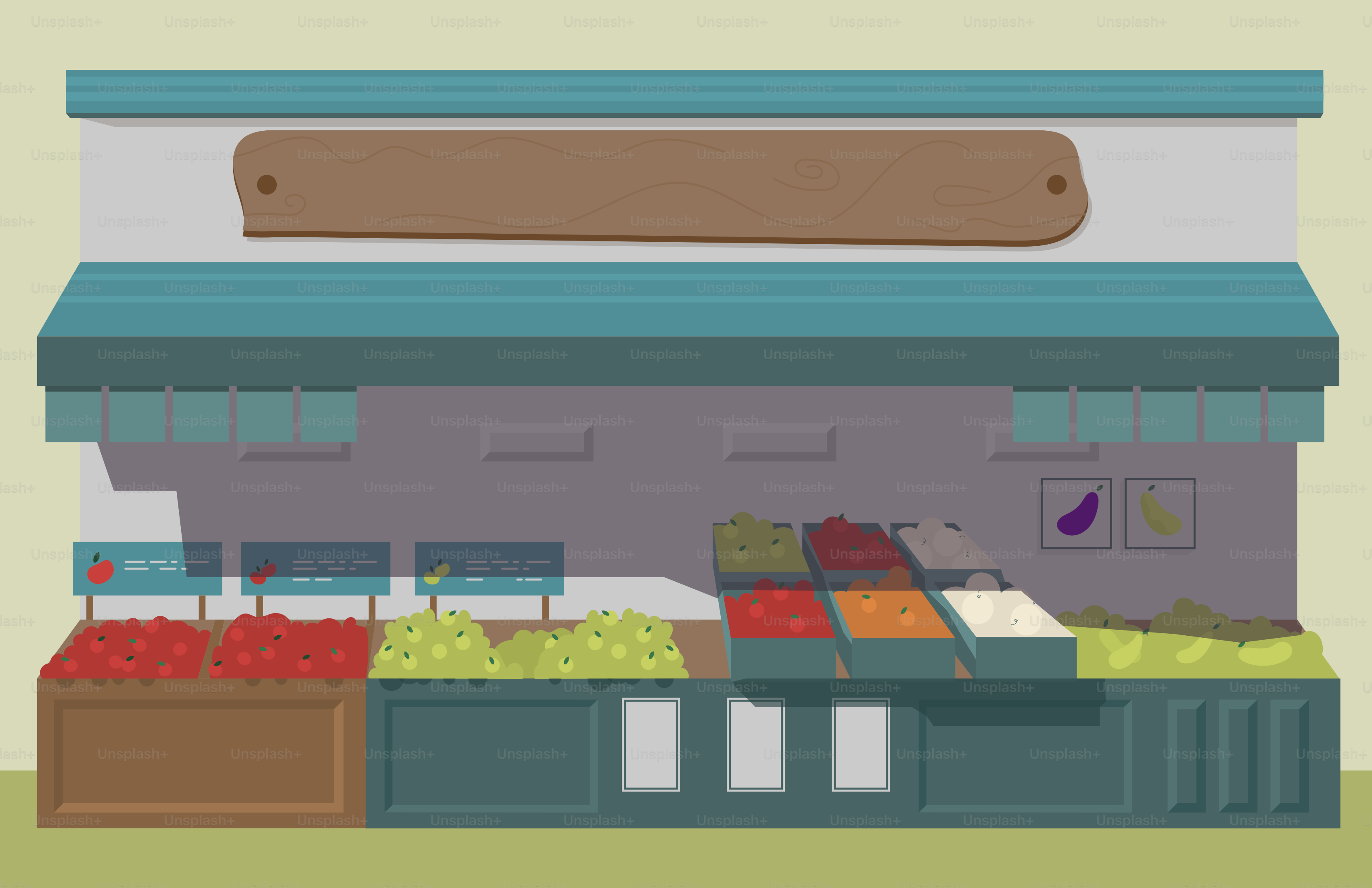 Una ilustración de un puesto de frutas con manzanas y naranjas