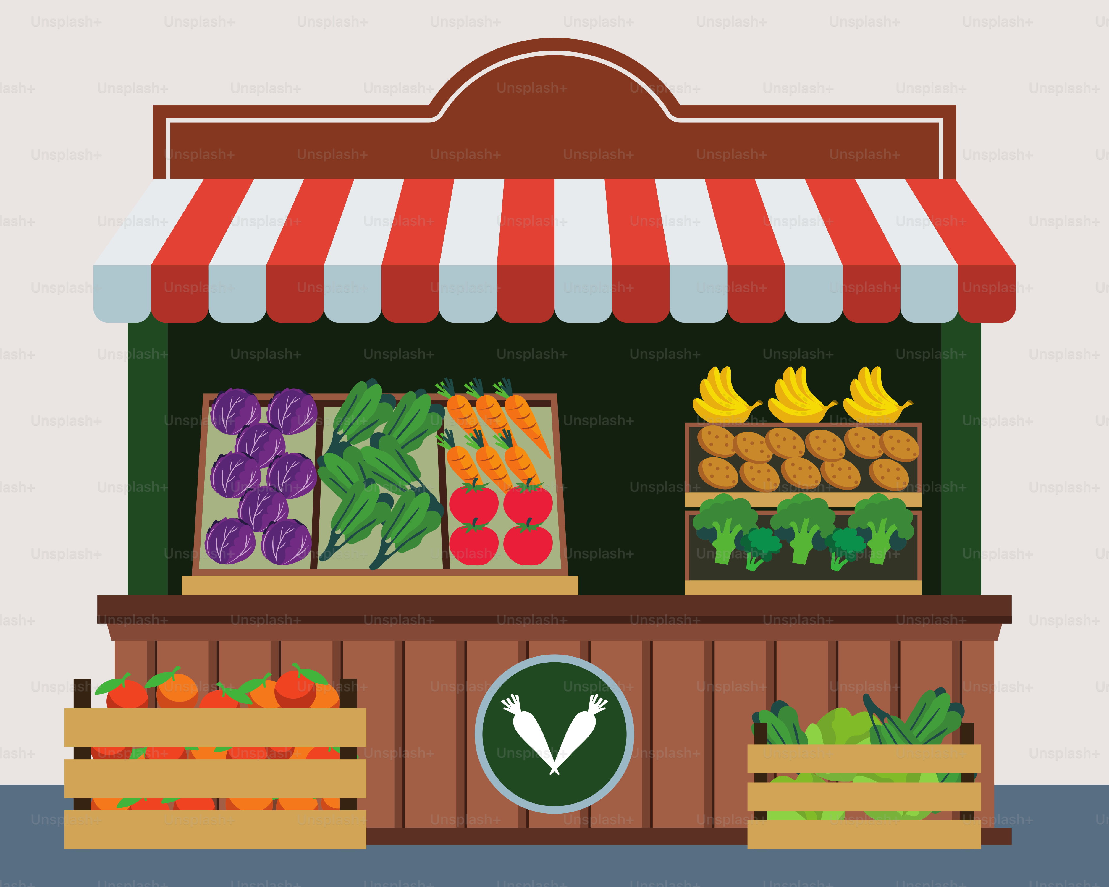 A fruit and vegetable stand with a check mark