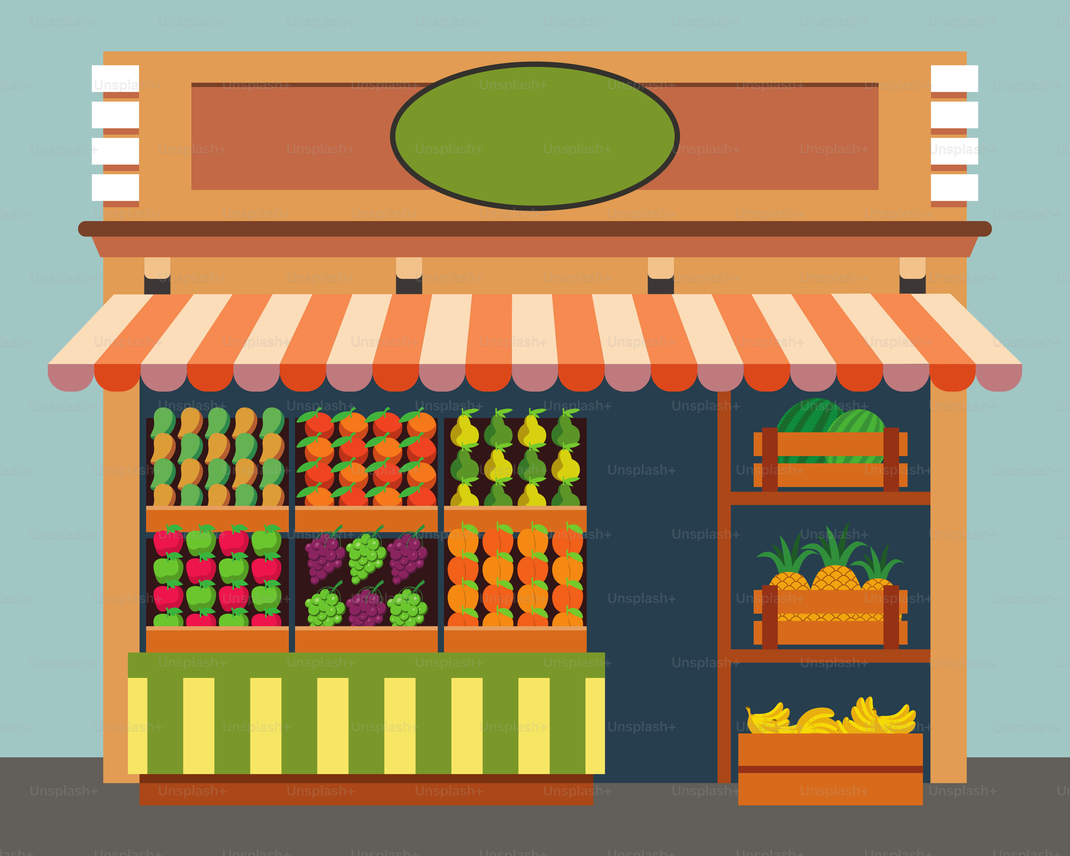 An illustration of a grocery store with fruits and vegetables