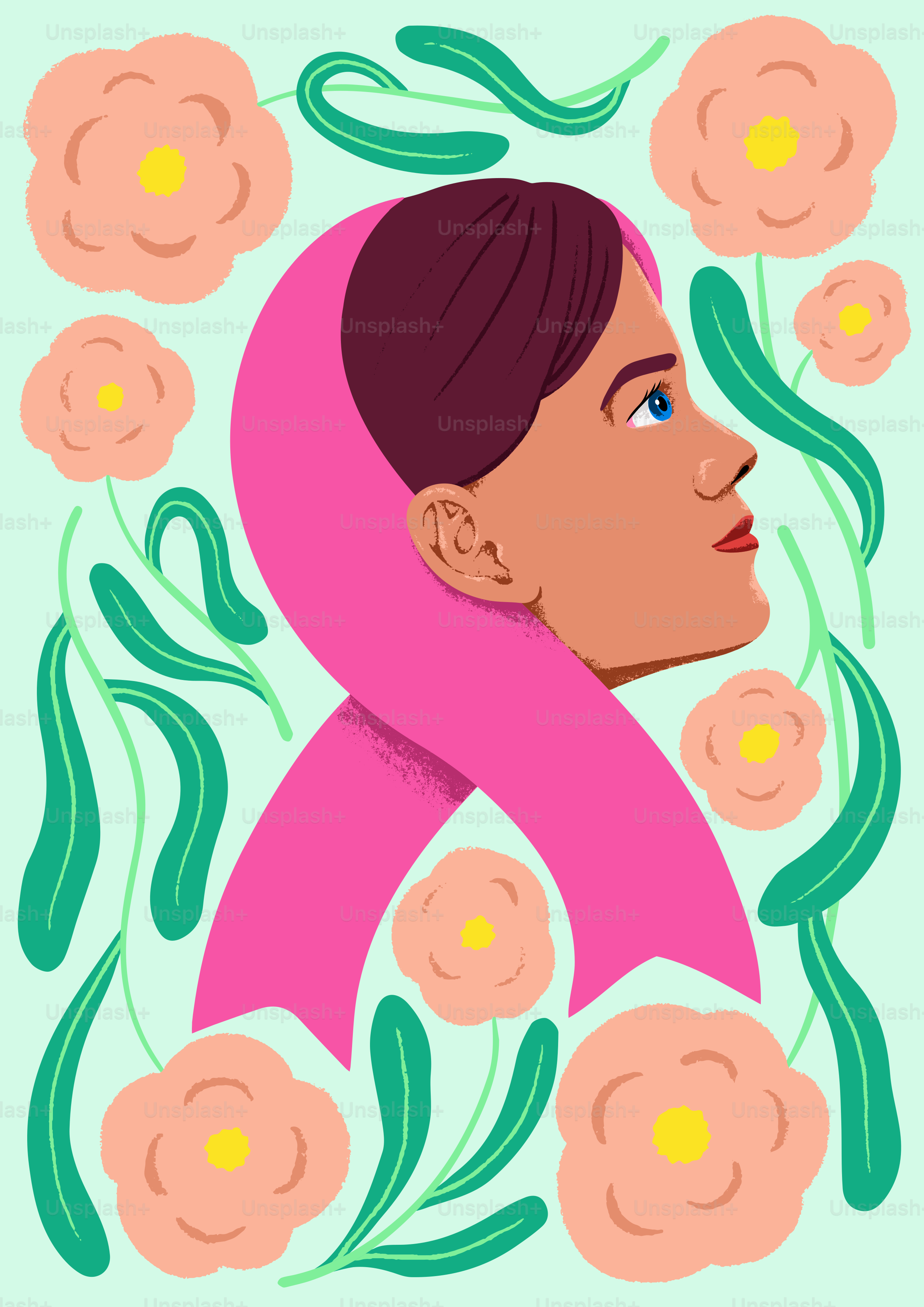 A woman with a pink ribbon around her neck