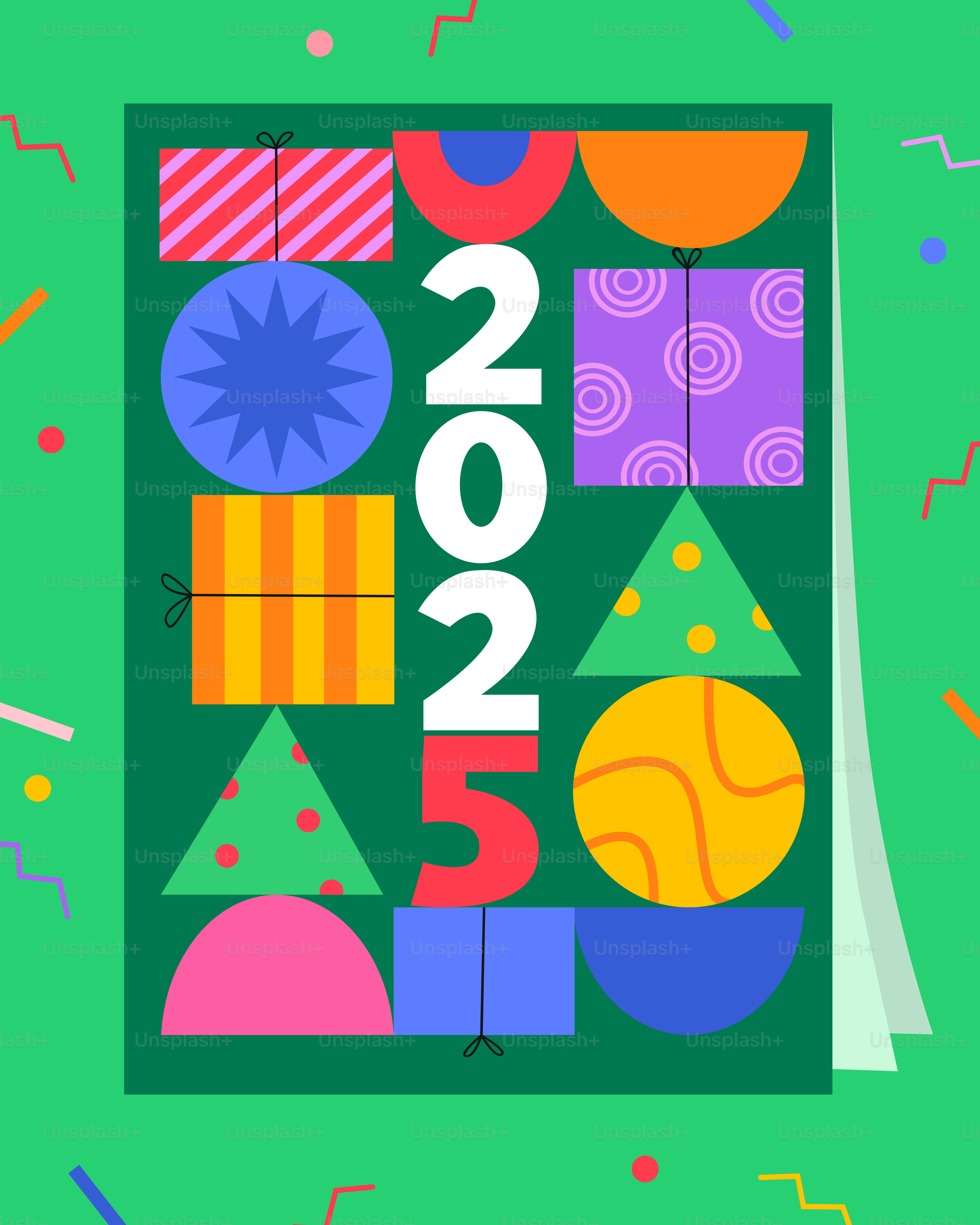 A green background with colorful shapes and lines