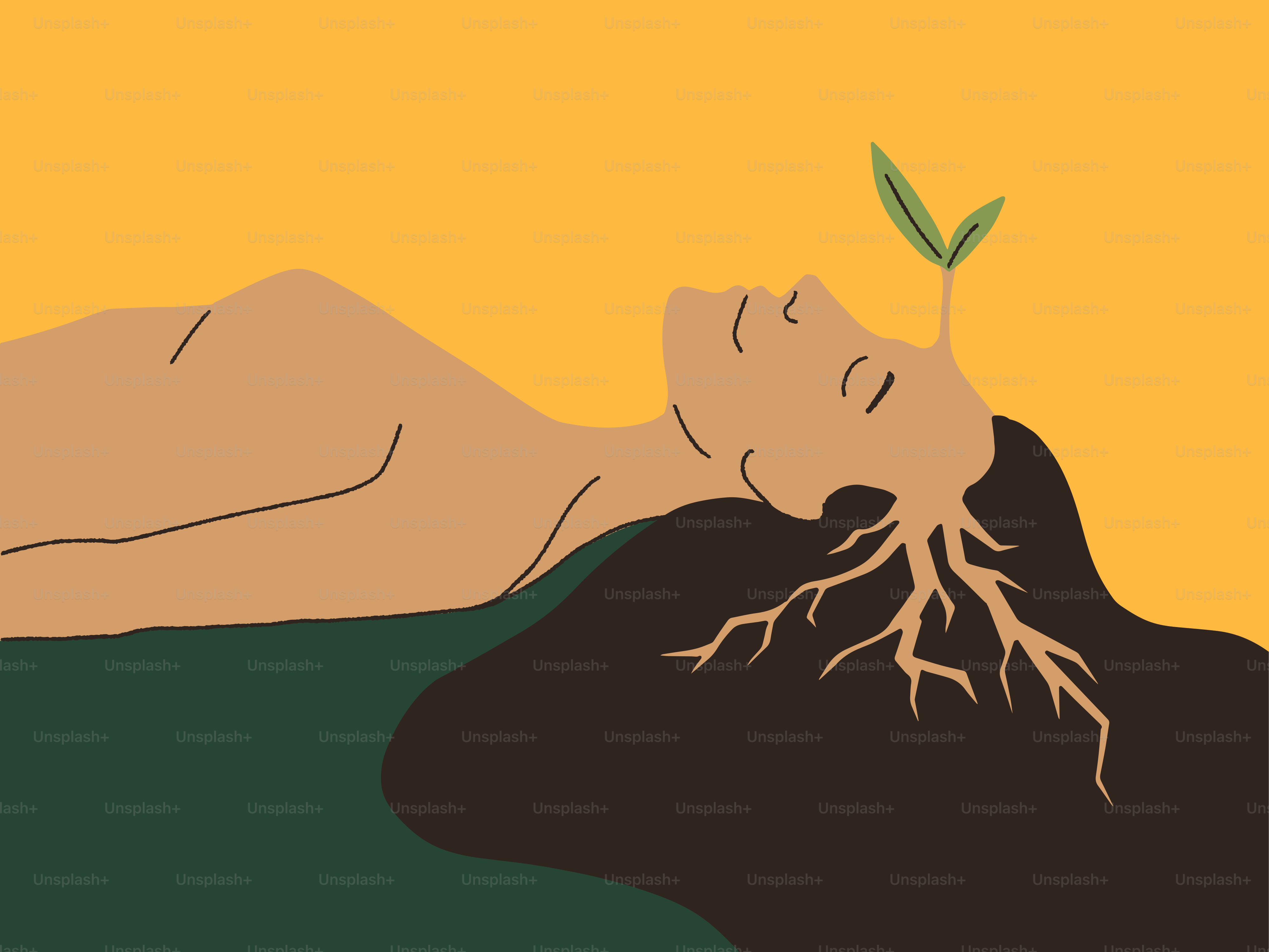 A woman laying down with a plant growing out of her head