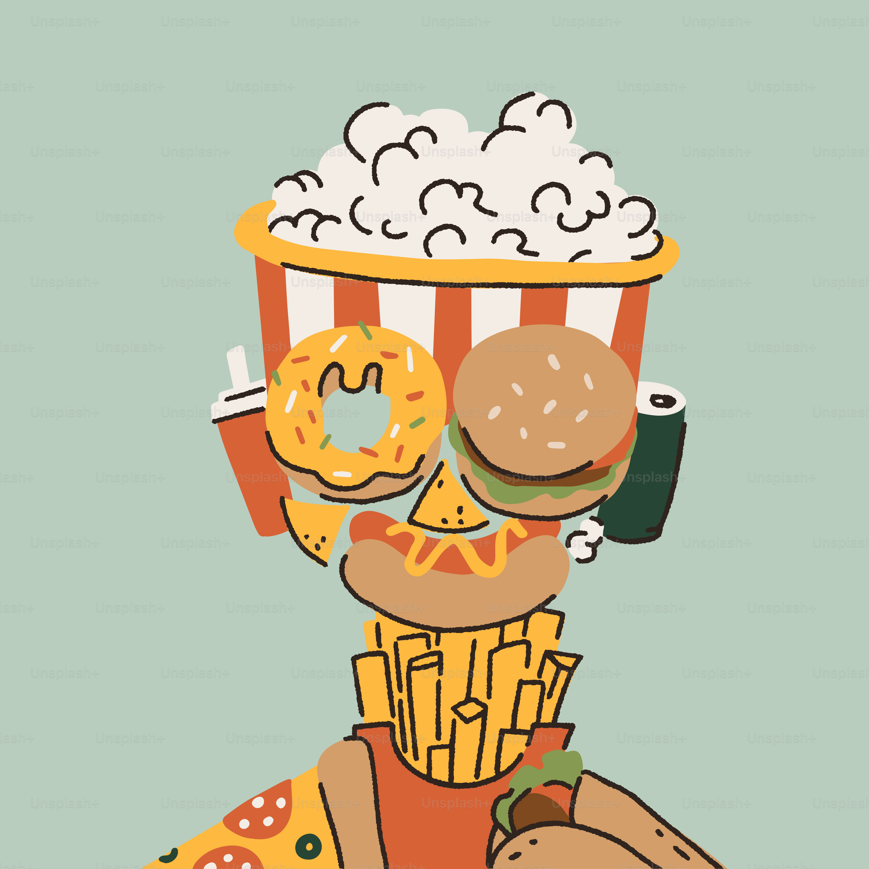 Um desenho animado de um homem com um hambúrguer, cachorro-quente, pretzel,