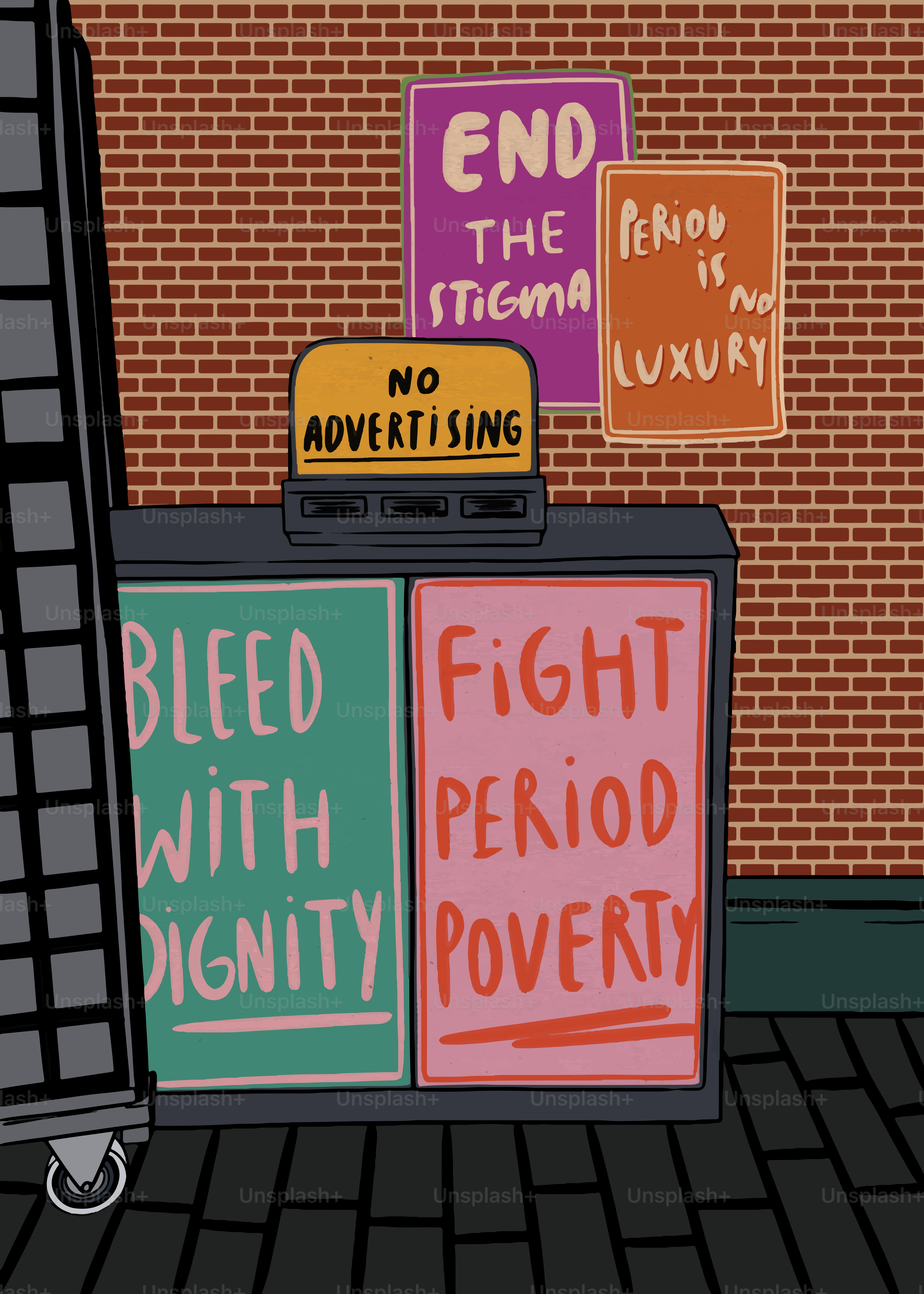 A cartoon of a man standing in front of a sign