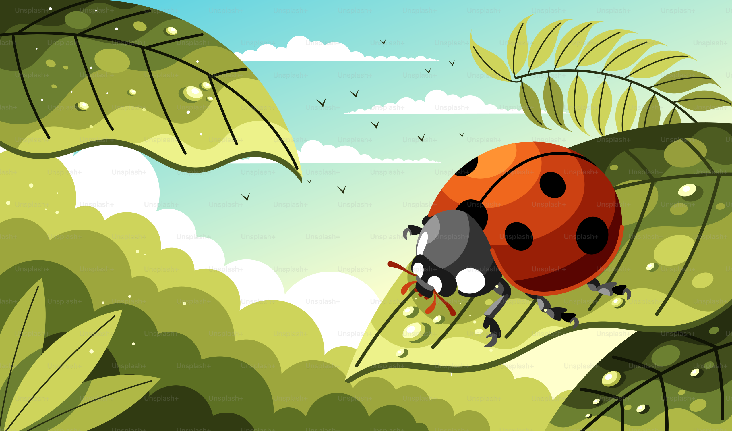 A ladybug sitting on top of a green leaf