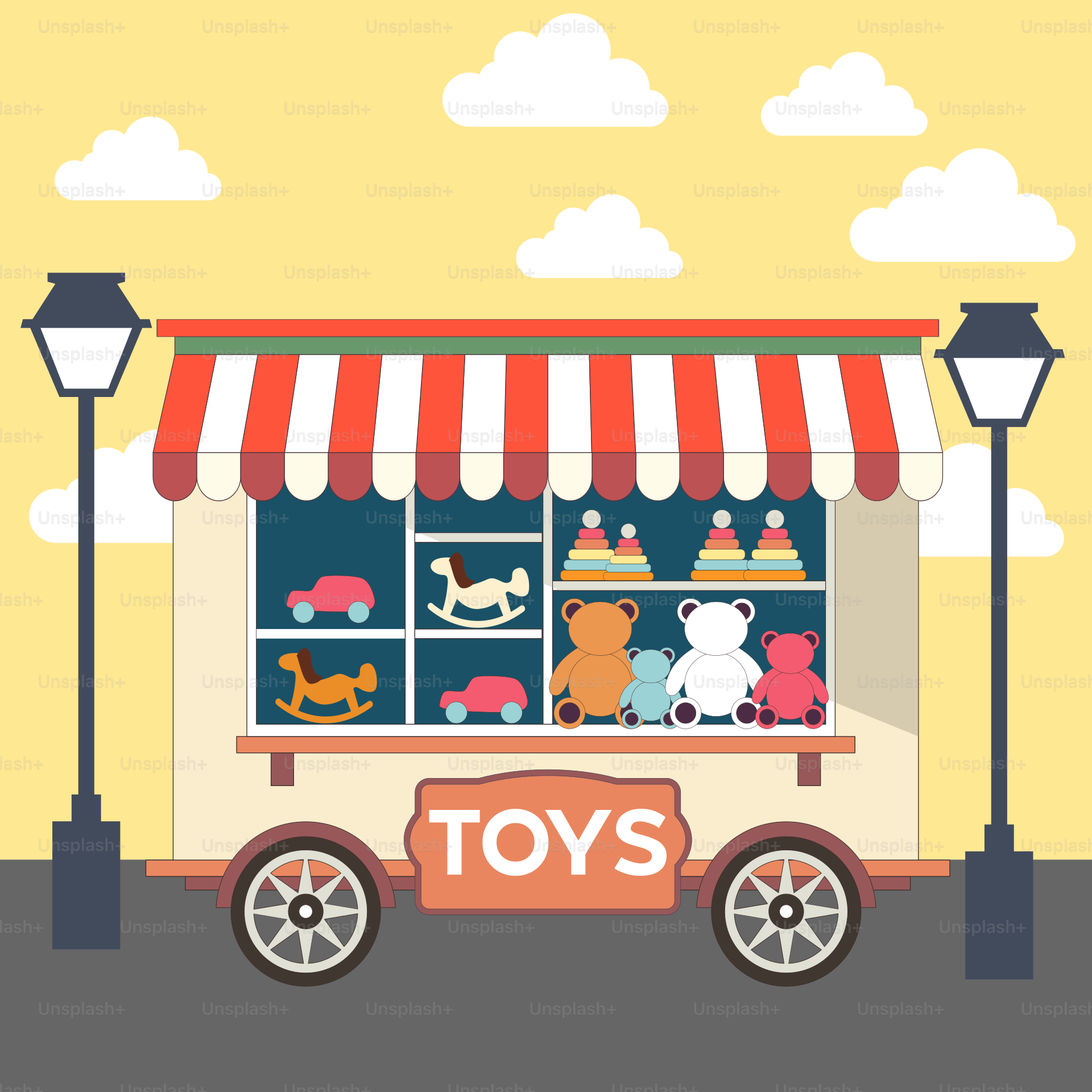 A toy store with a red and white awning