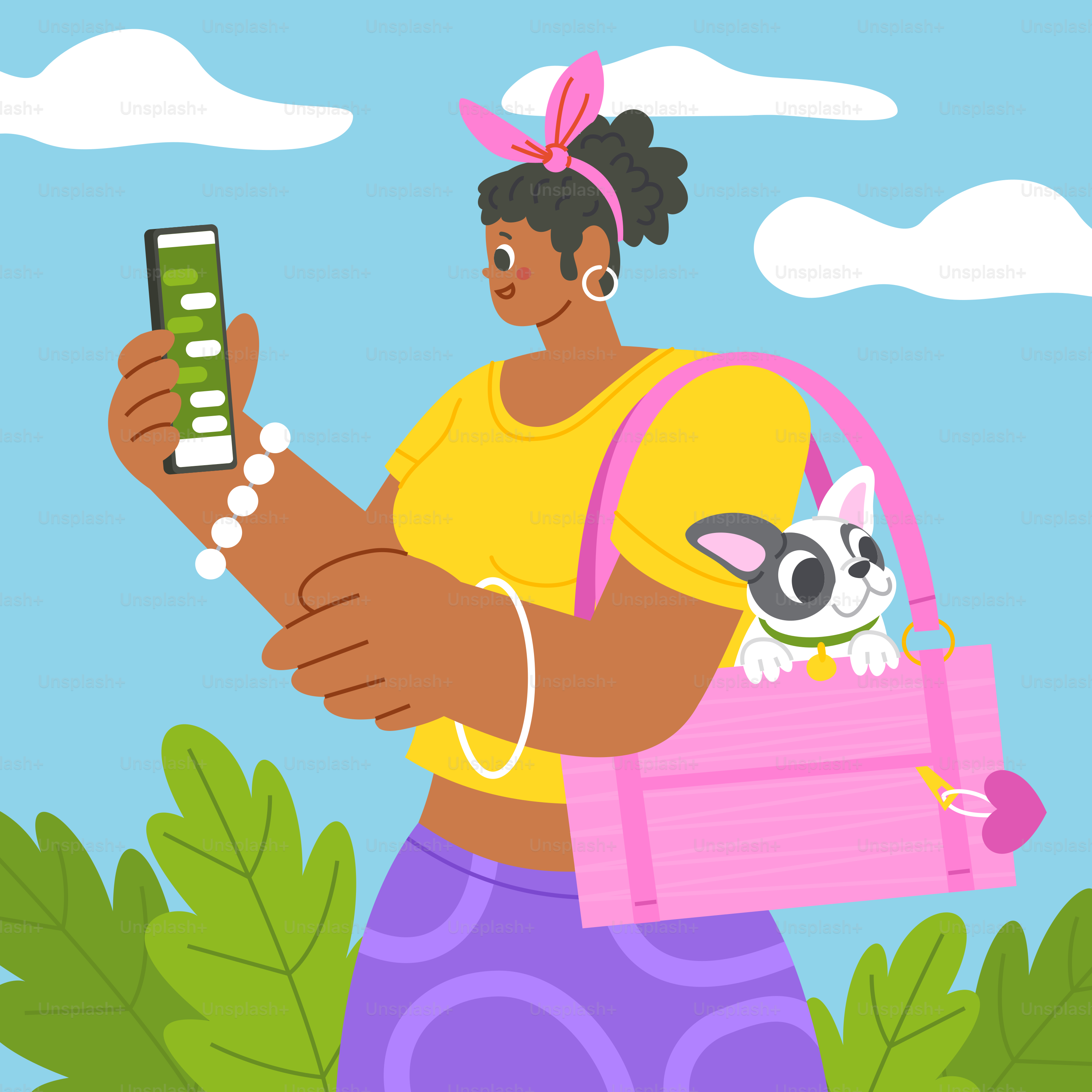 A woman holding a cell phone and a pink purse