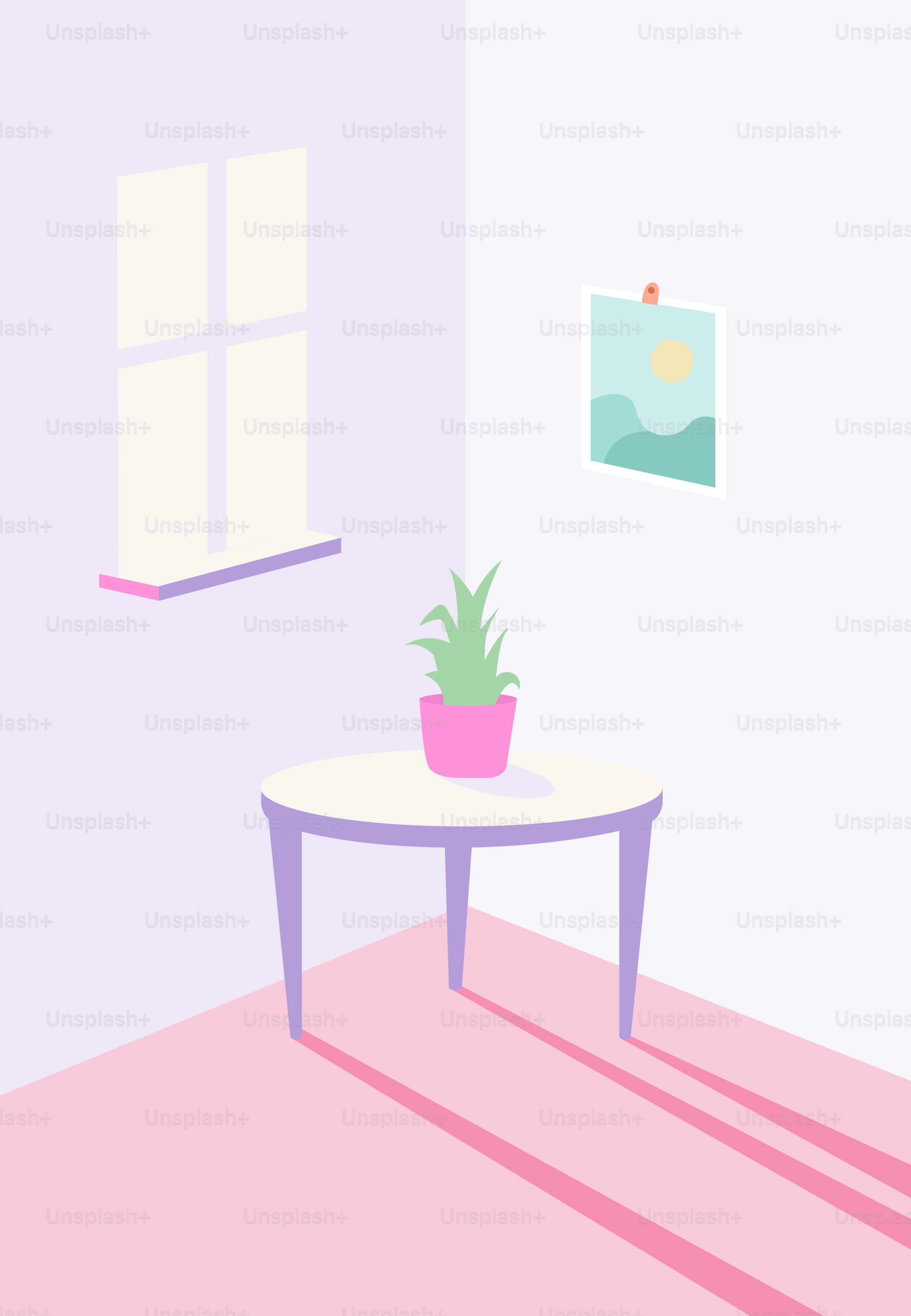 Ein Zimmer mit einem Tisch und einer Topfpflanze