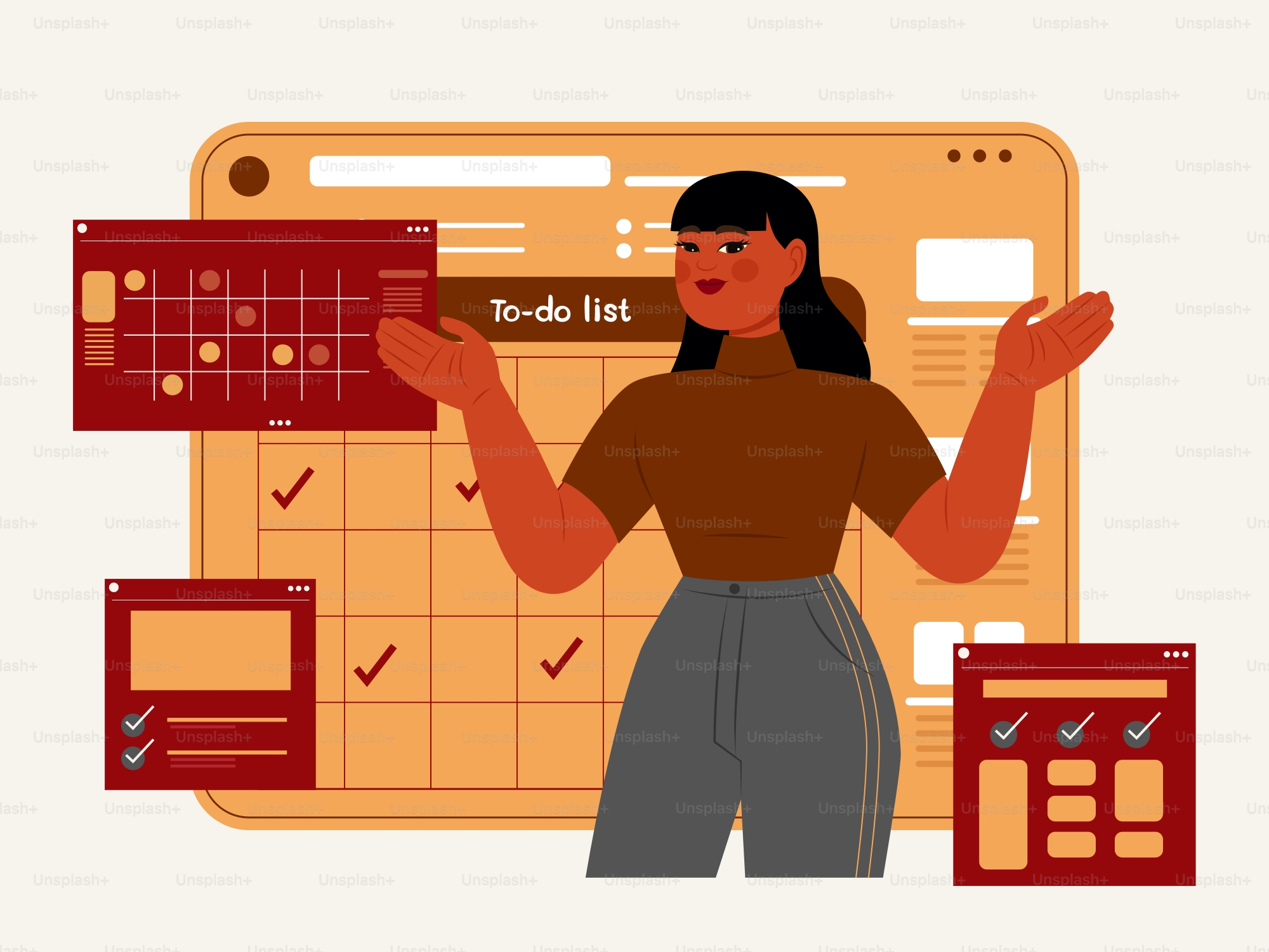 A woman standing in front of a wall calendar