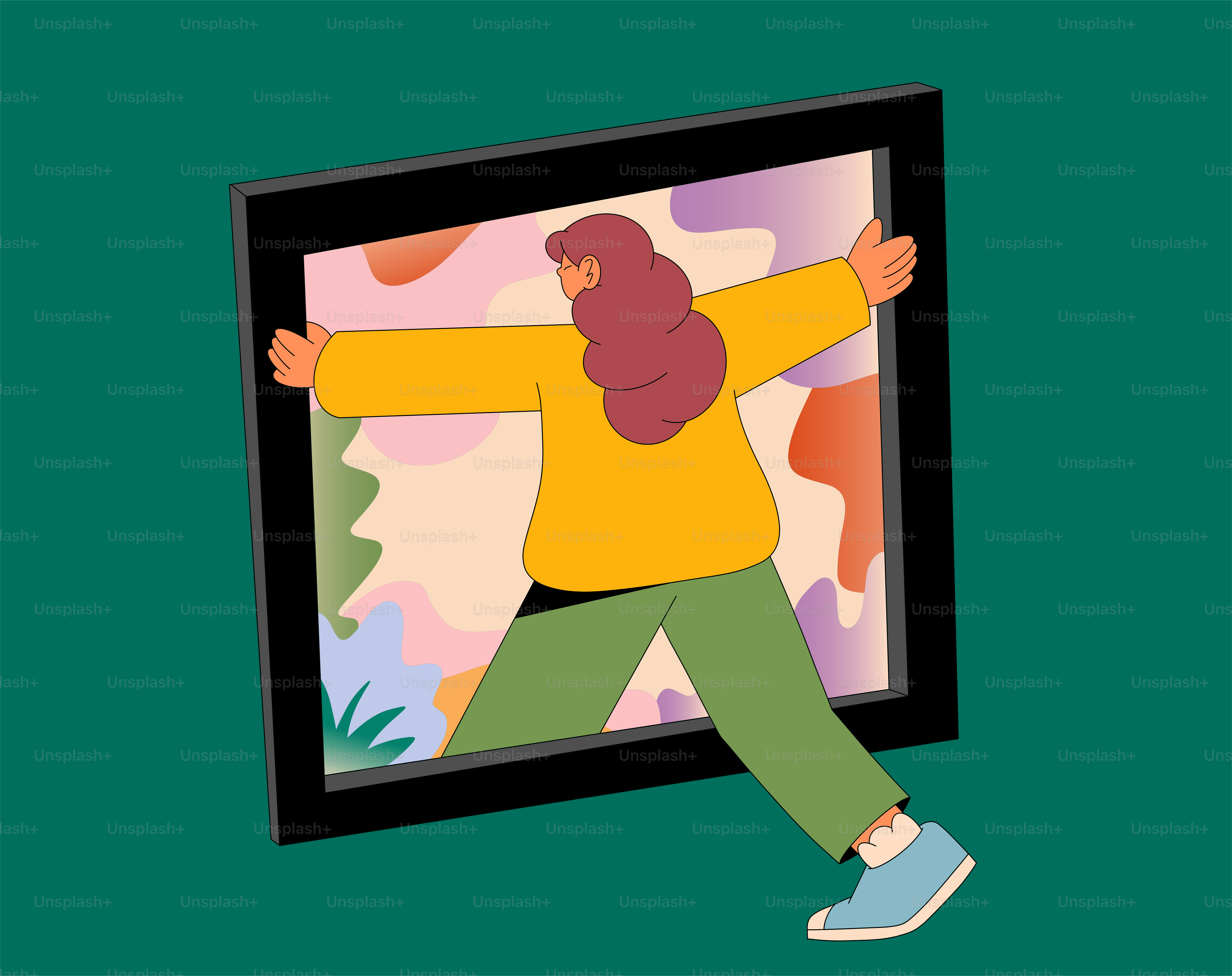 A person is walking in front of a picture
