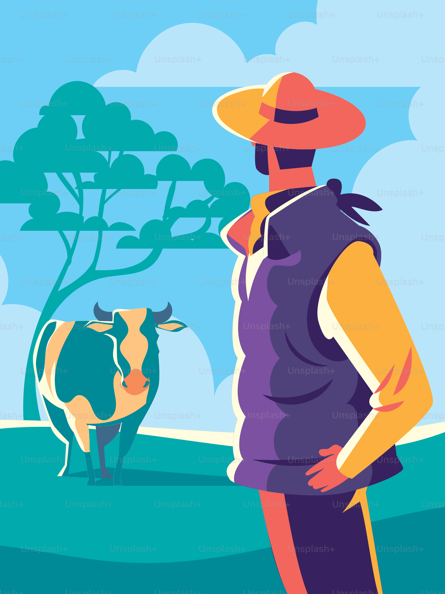 Um homem com um chapéu de cowboy em pé na frente de uma vaca