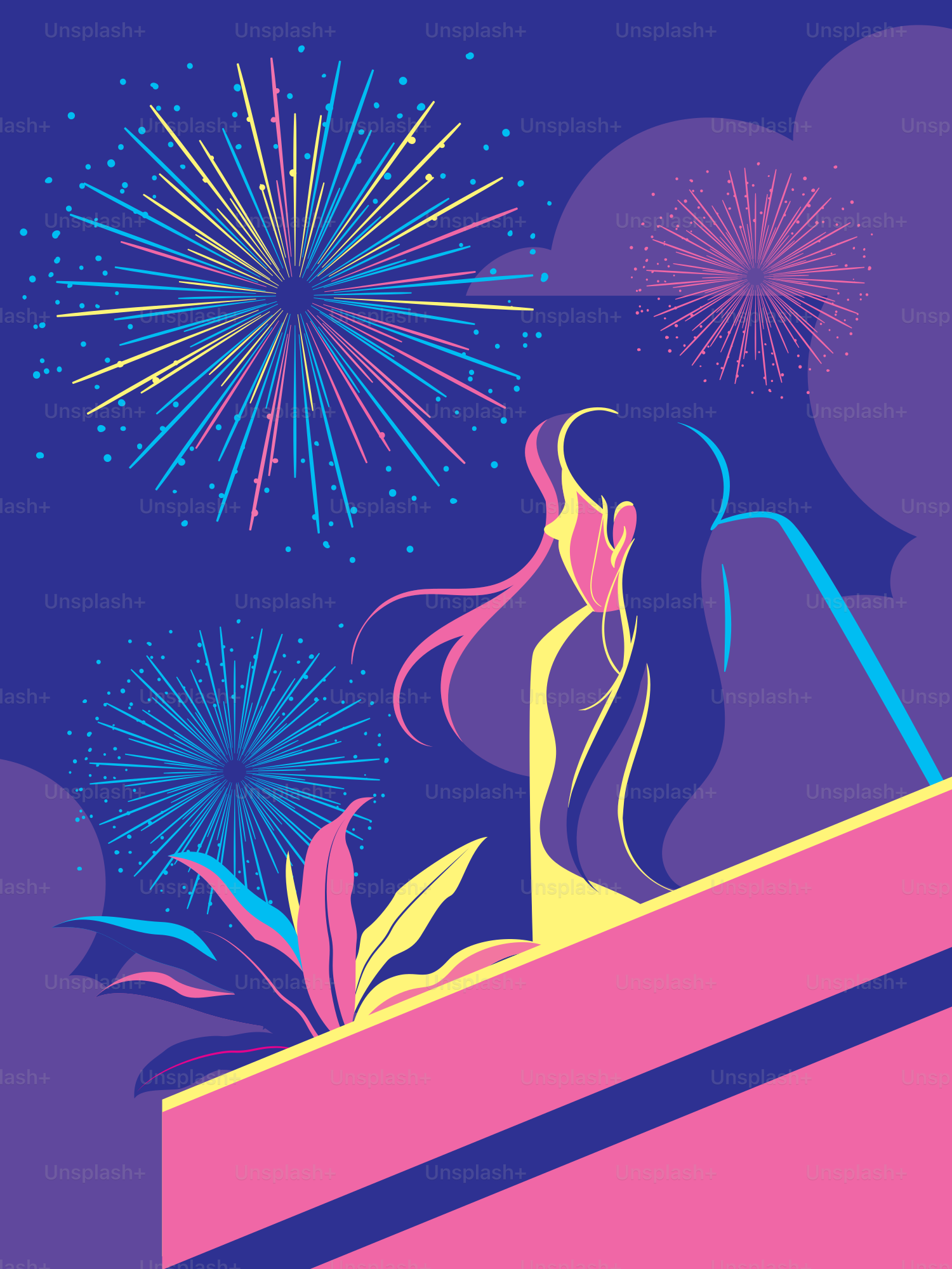 Eine Frau, die auf einem Sims sitzt und Feuerwerk beobachtet