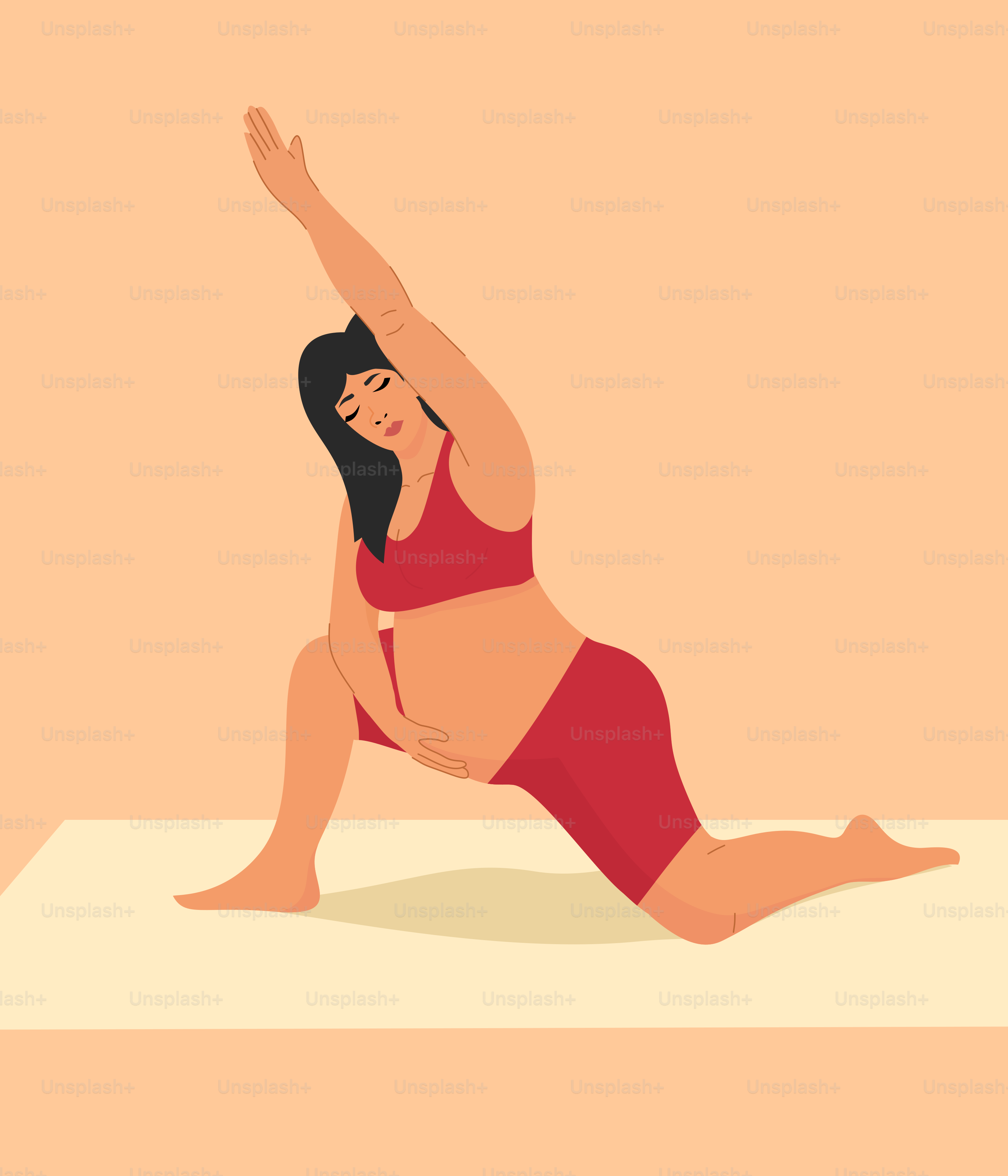 Eine Frau im roten Bikini macht Yoga
