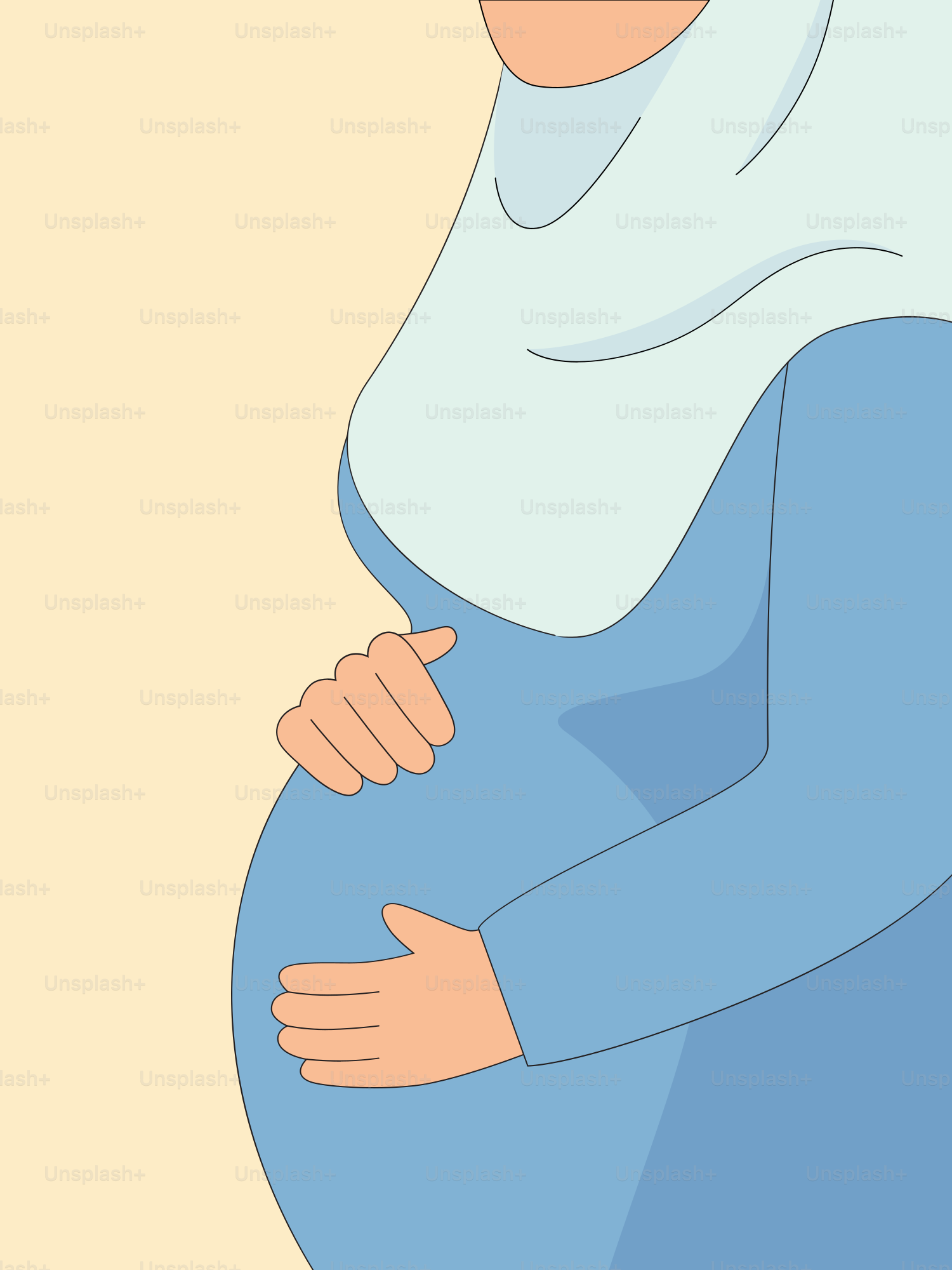 A pregnant woman in a blue dress
