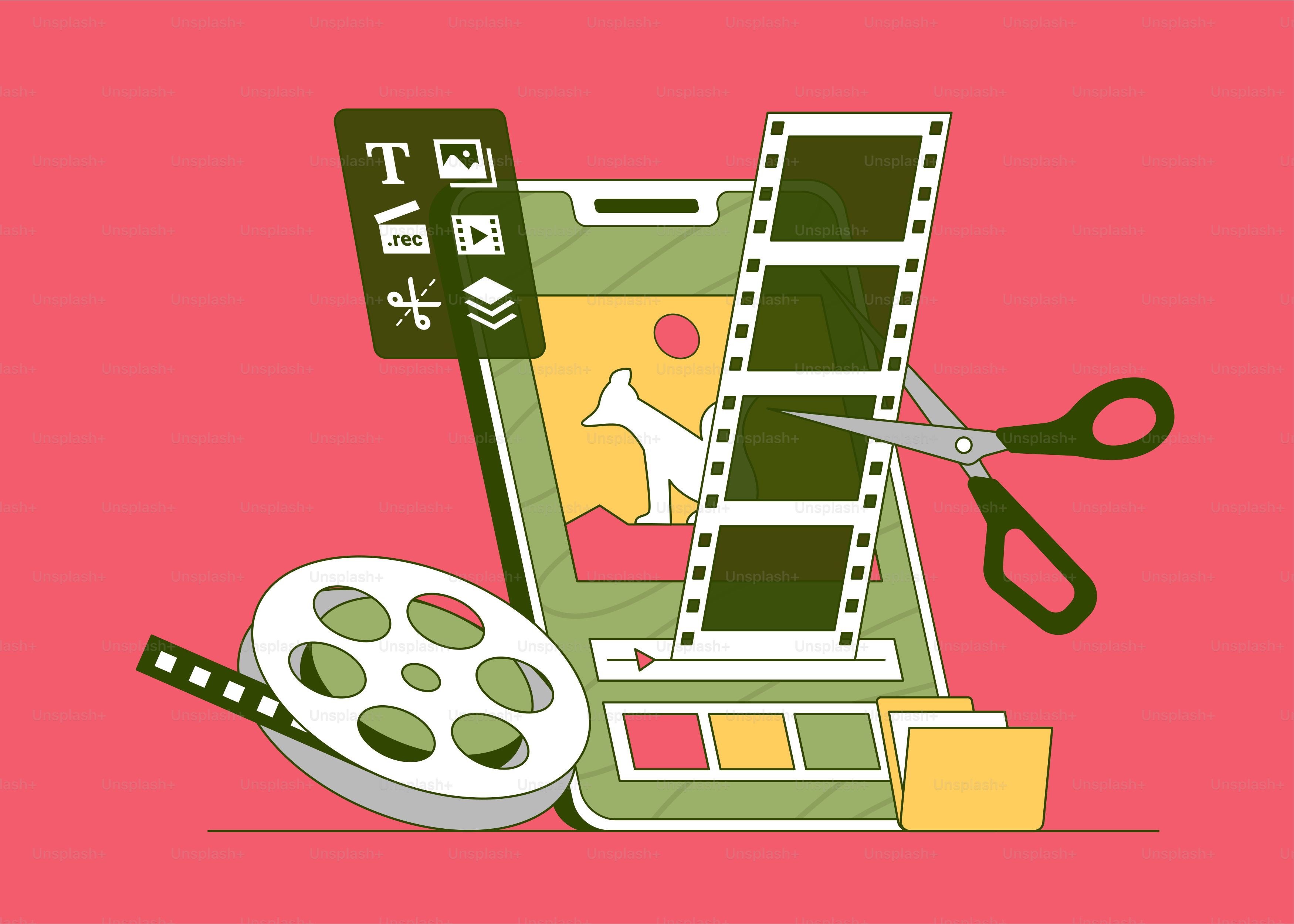 A pink background with a picture of a film strip and a pair of scissors