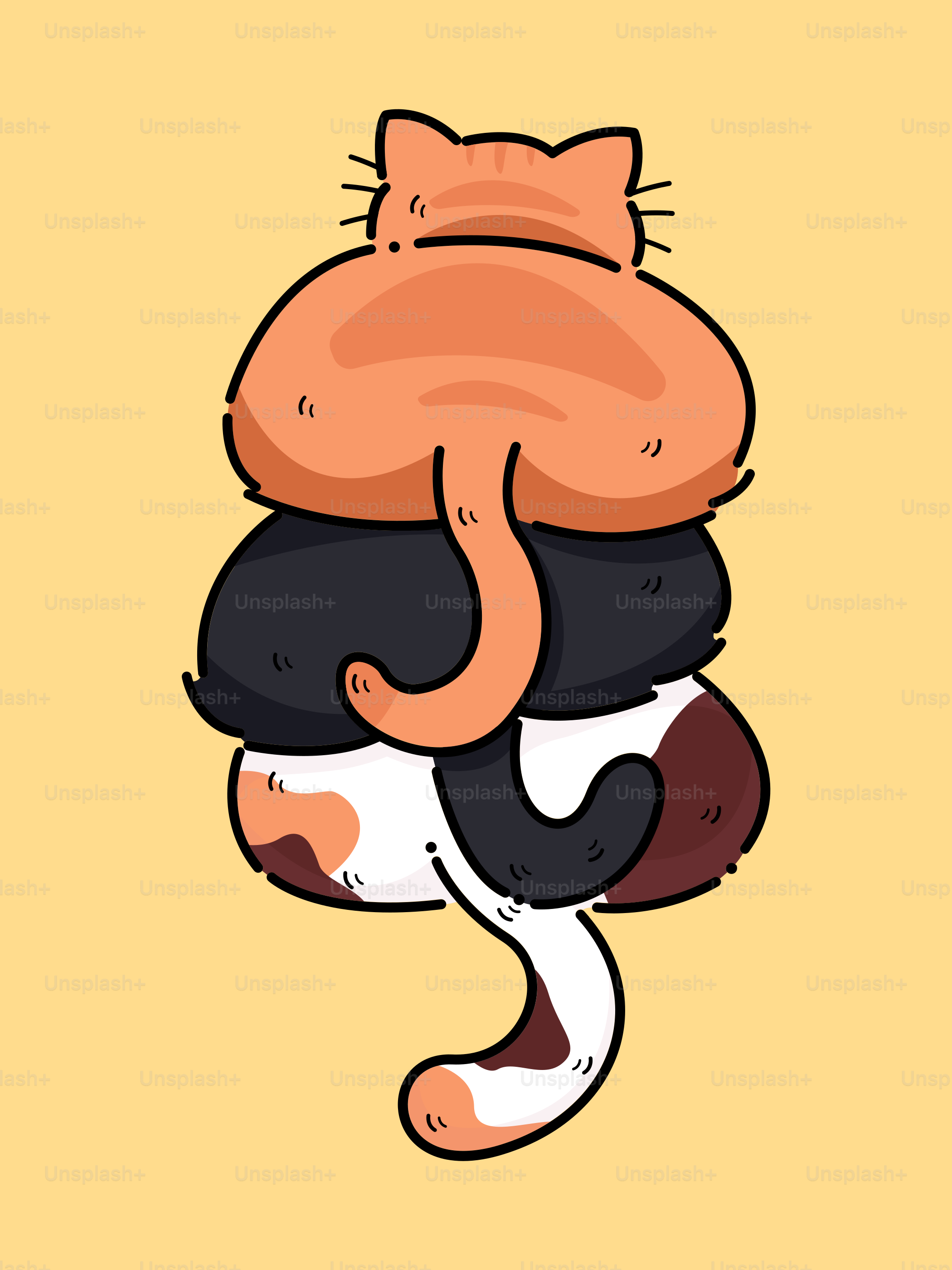 A cat sitting on top of another cat on a yellow background