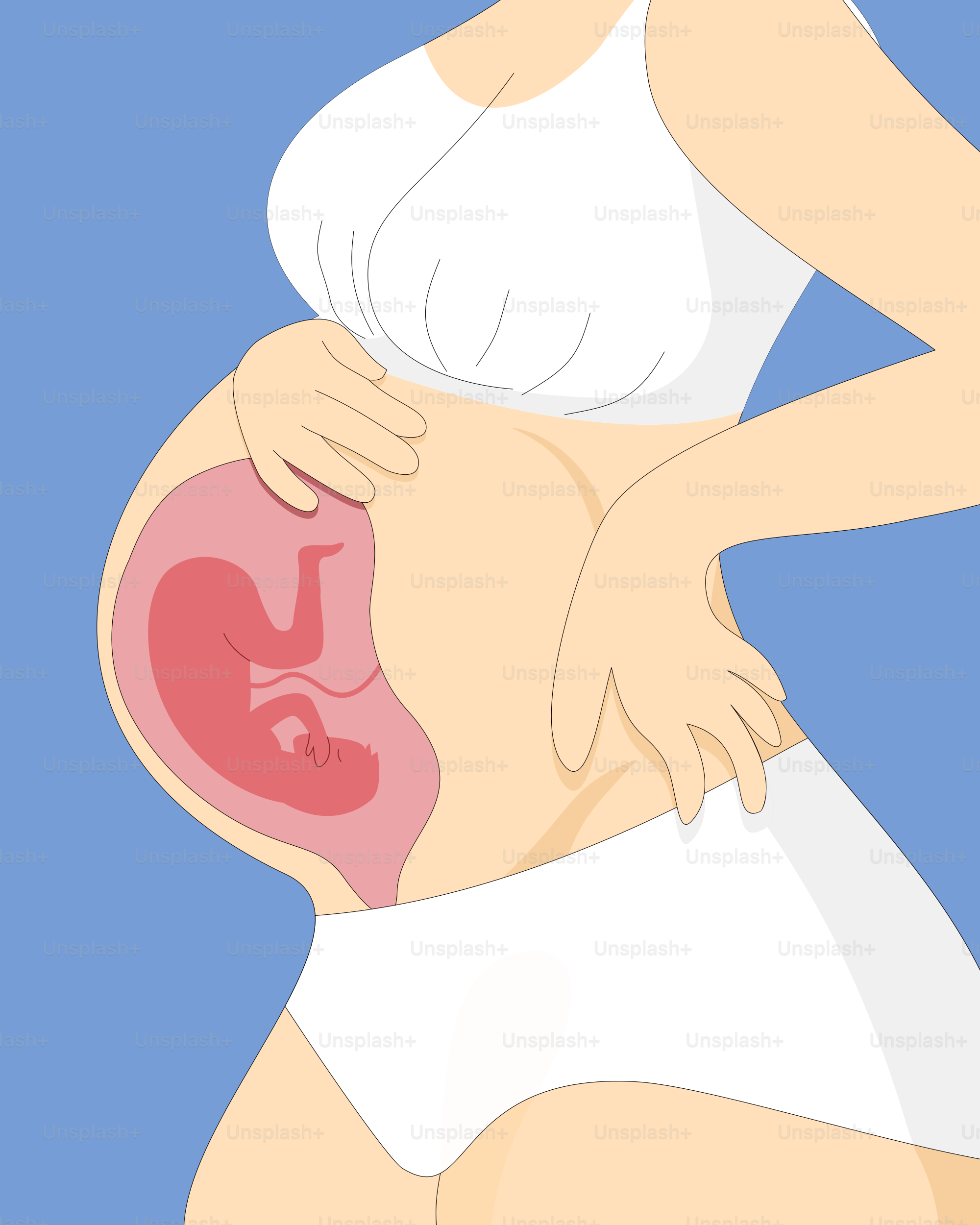 A pregnant woman in white panties holding her stomach