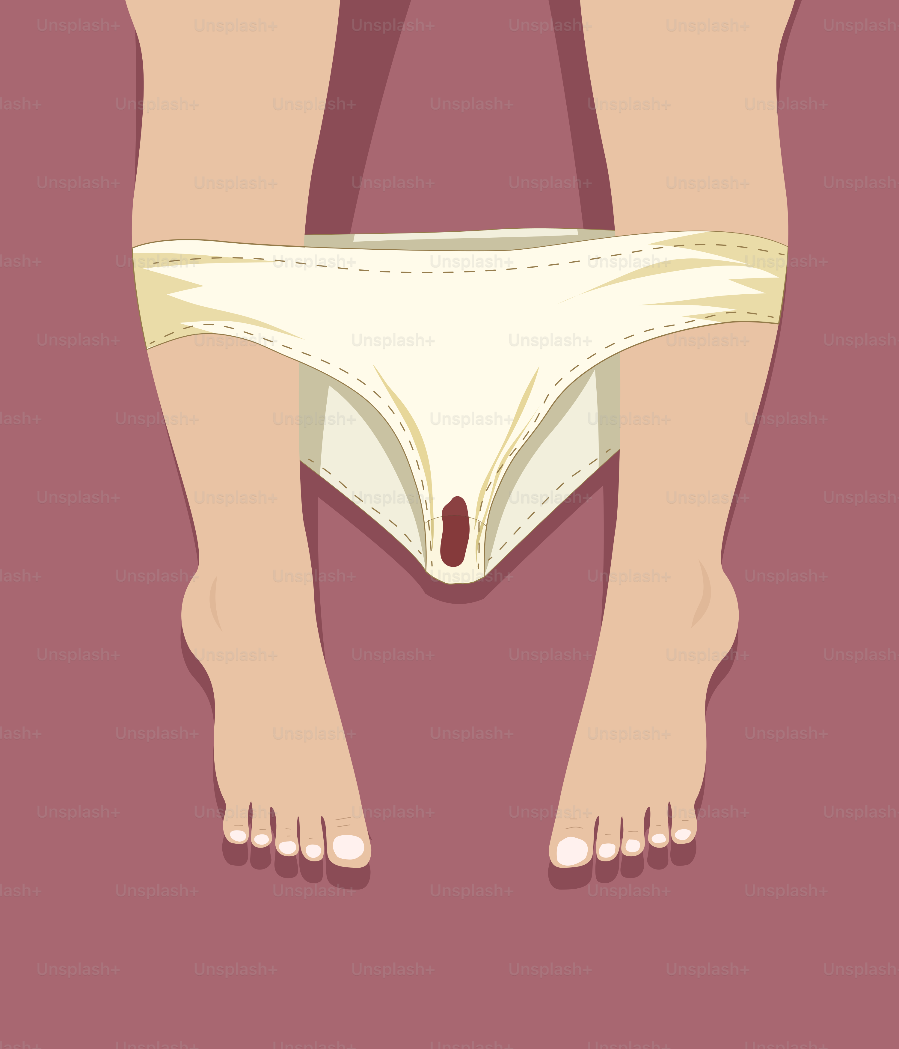 Os pés descalços de uma mulher em uma calcinha branca